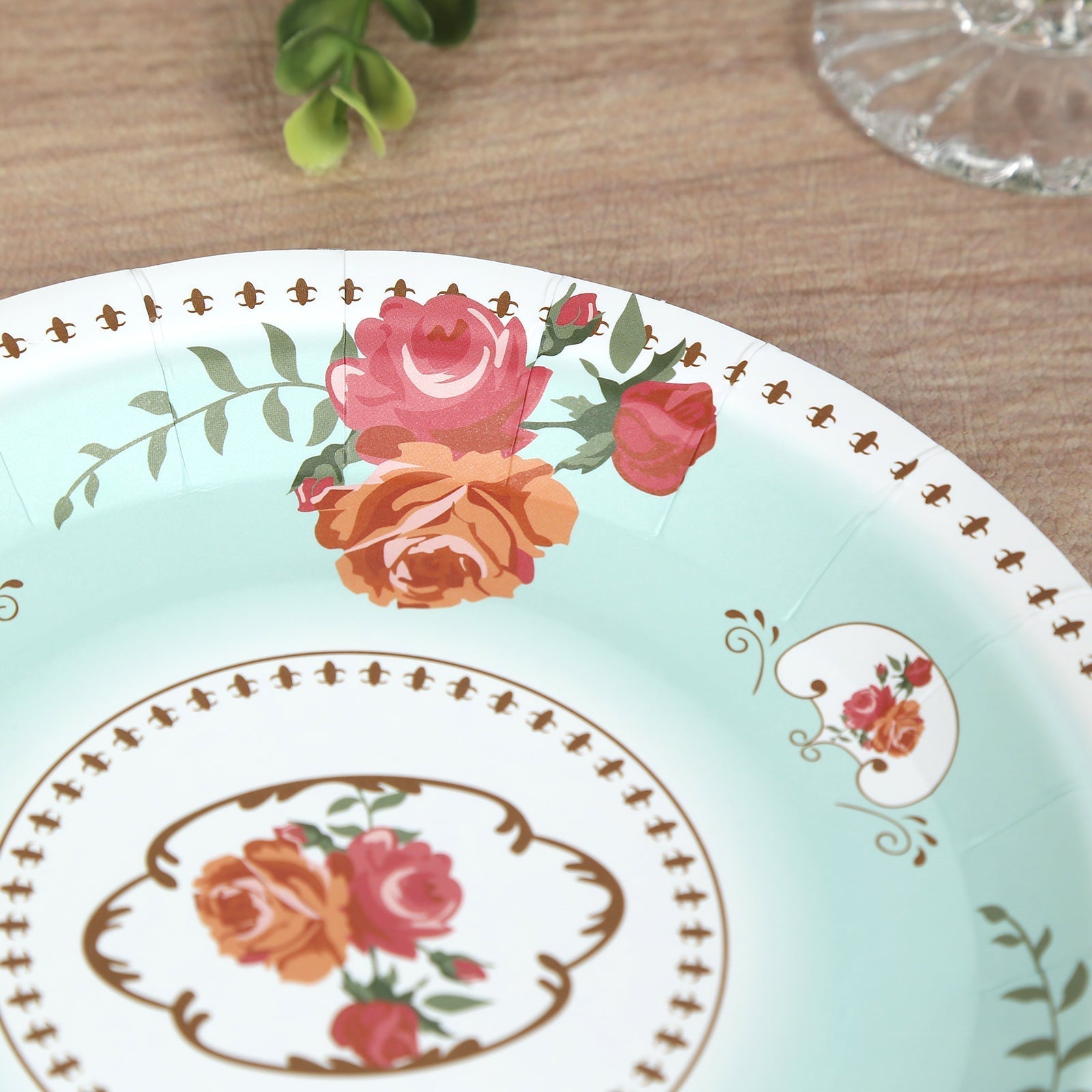 25-Pack Paper 7" Round Dessert Plates in Turquoise with Vintage Rose Flower Print - Disposable Appetizer Salad Plates