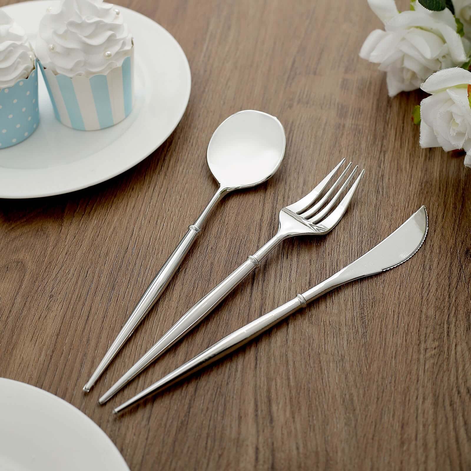 24-Pack Plastic Flatware Set in Silver - Heavy Duty Disposable Modern Silverware 8"