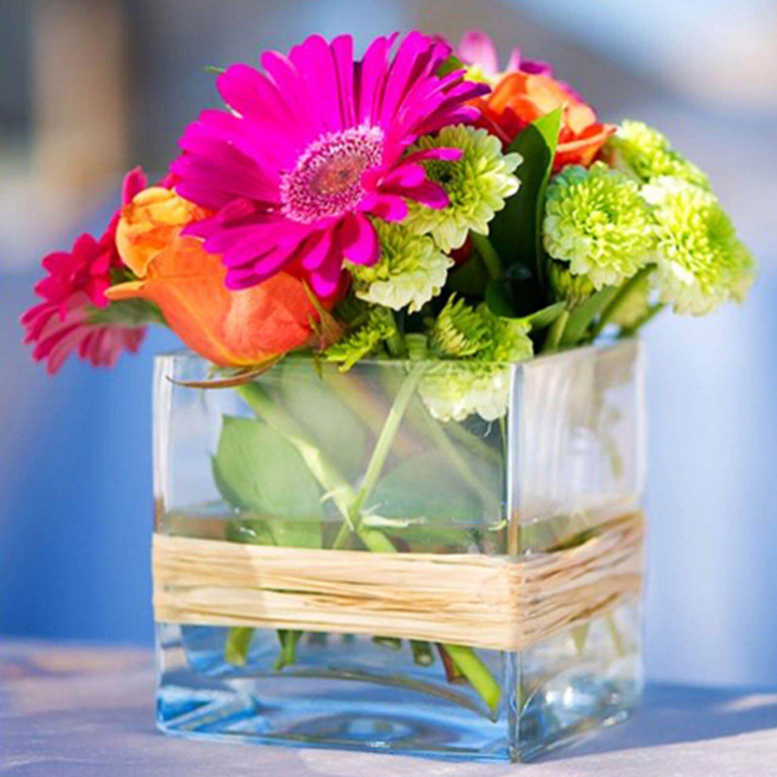 Glass Flower Vase Square Design Heavy Duty Clear - Premium Table Centerpiece for Events 4"