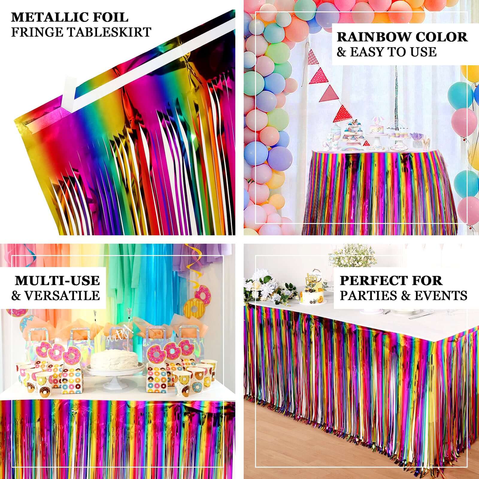 Metallic Foil Fringe Table Skirt Rainbow with Self Adhesive Backing - Durable Tinsel Skirt for Parties 30"x9ft
