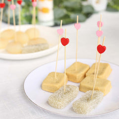 100-Pack Bamboo Cocktail Sticks Heart Design Eco Friendly Red/Pink - Biodegradable Fruit Appetizer Party Picks 5"