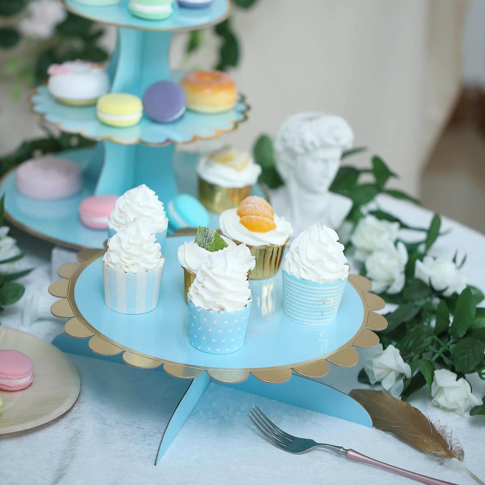 1-Tier Cardboard Cake Stand Light Blue - Stylish Reusable Cupcake Dessert Holder with Gold Scalloped Rim for Baby Showers Birthdays & Events 13"