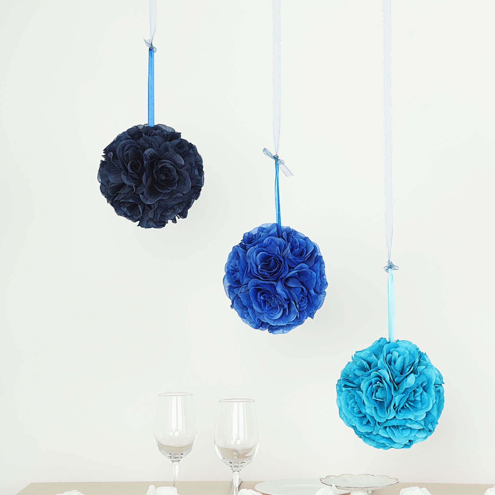 2 Pack 7" Navy Blue Artificial Silk Rose Kissing Ball, Flower Ball