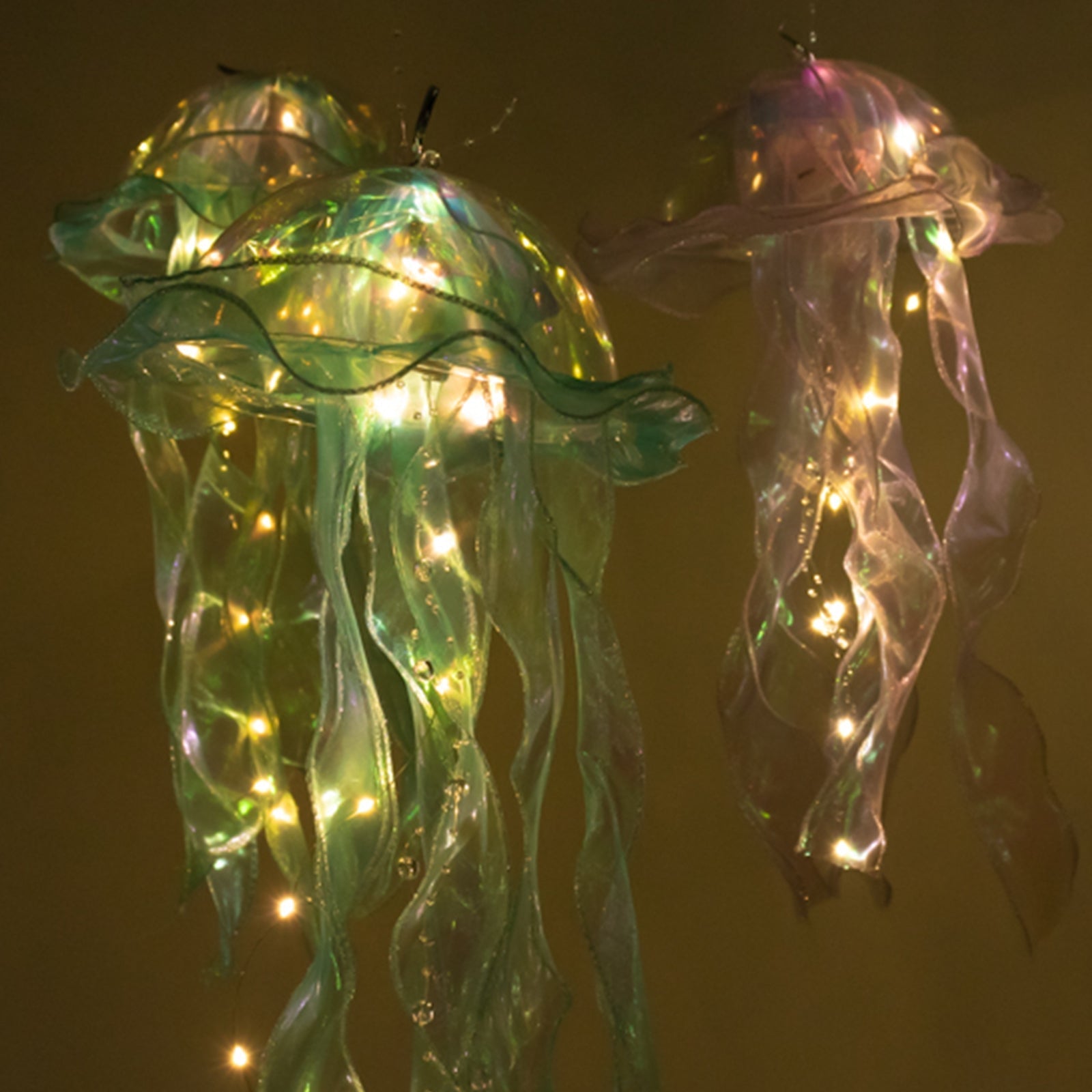 6 Pack Blue Purple Jellyfish Lamp Hanging Lantern Lights, 3 Flashing Modes Organza Ribbon Jelly Fish LED Lights Mermaid Theme Party Decor - 17"