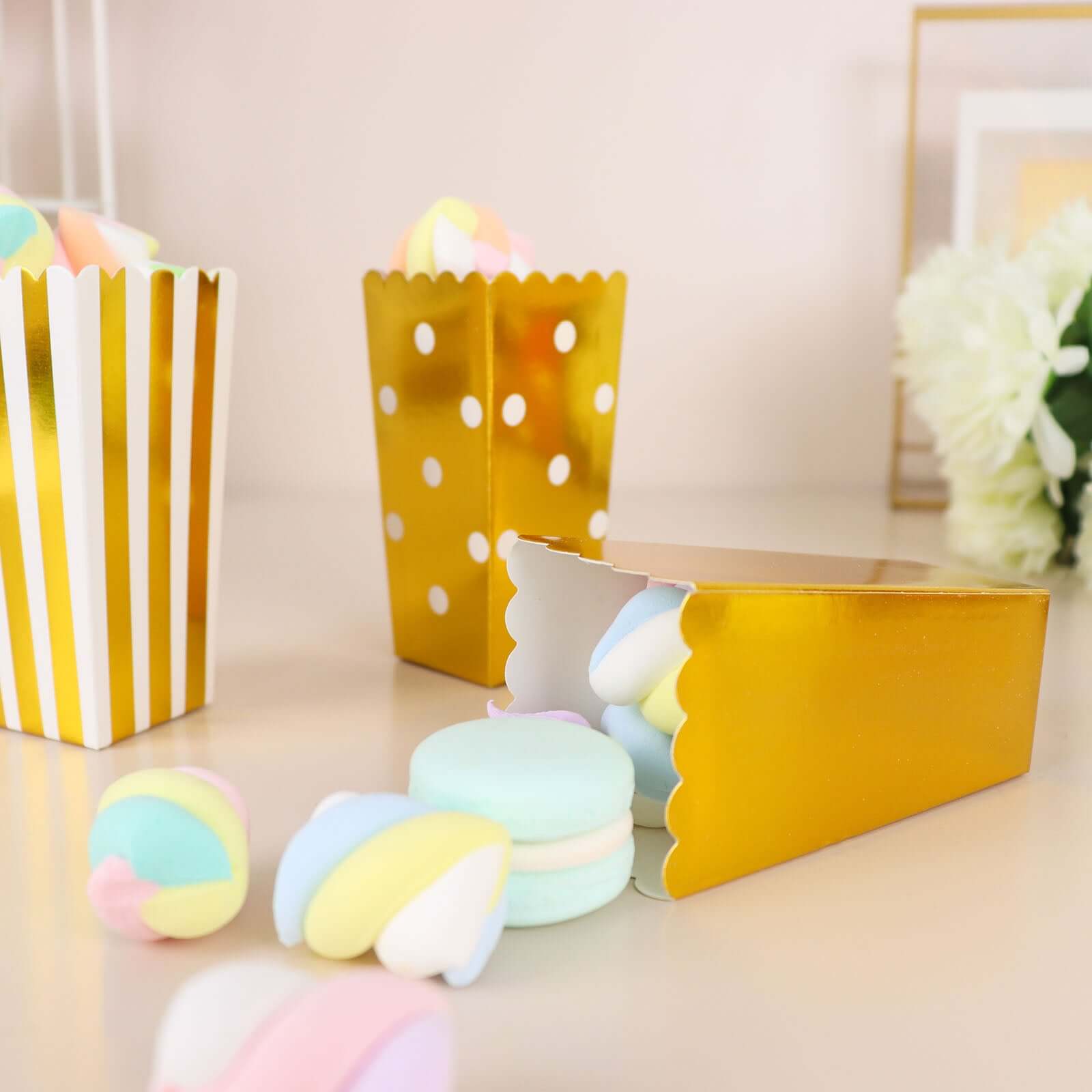 36 Pack 4" White Gold Design Mini Paper Popcorn Boxes, Candy Favor Disposable Bags - Stripe, Polka Dot, Solid Style