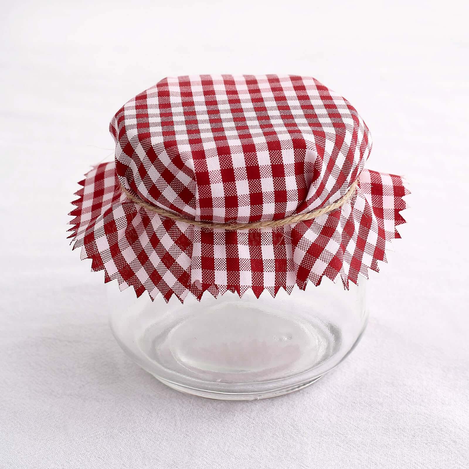 6 Pack 6" Red White Gingham Mason Jar Cloth Lid Covers, Checkered Jam Jar Covers with Jute String