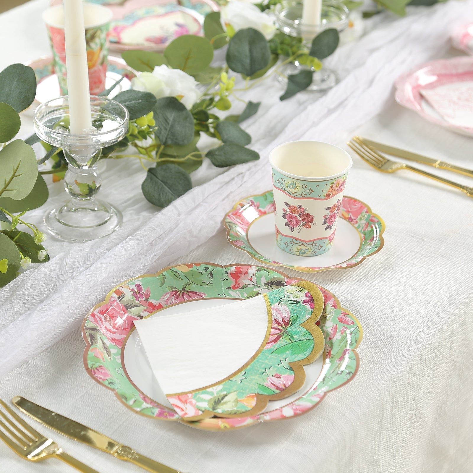 48-Pack Round Paper Cocktail Napkins with Vintage Floral Mixed Design and Scalloped Edges - Soft 2 Ply Disposable Napkins 12"