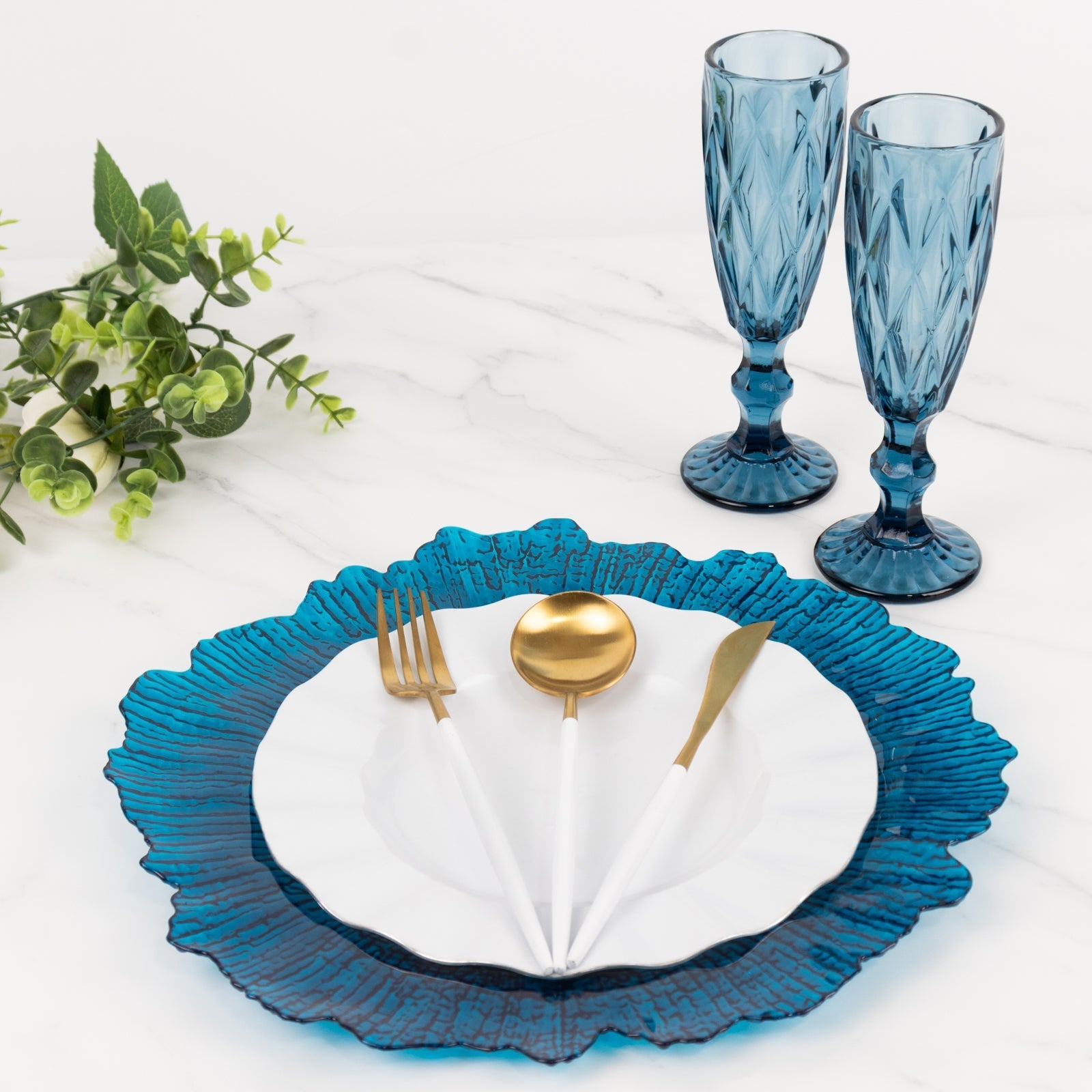 6-Pack Acrylic Plastic Round Charger Plates 13" in Transparent Navy Blue with Reef Design, Dinner Charger Tableware