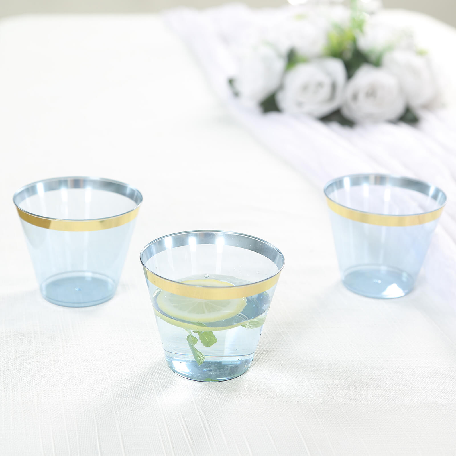 25-Pack Plastic Party Cups Transparent Dusty Blue Crystal with Gold Rim - Stylish Short Disposable Glasses 9oz