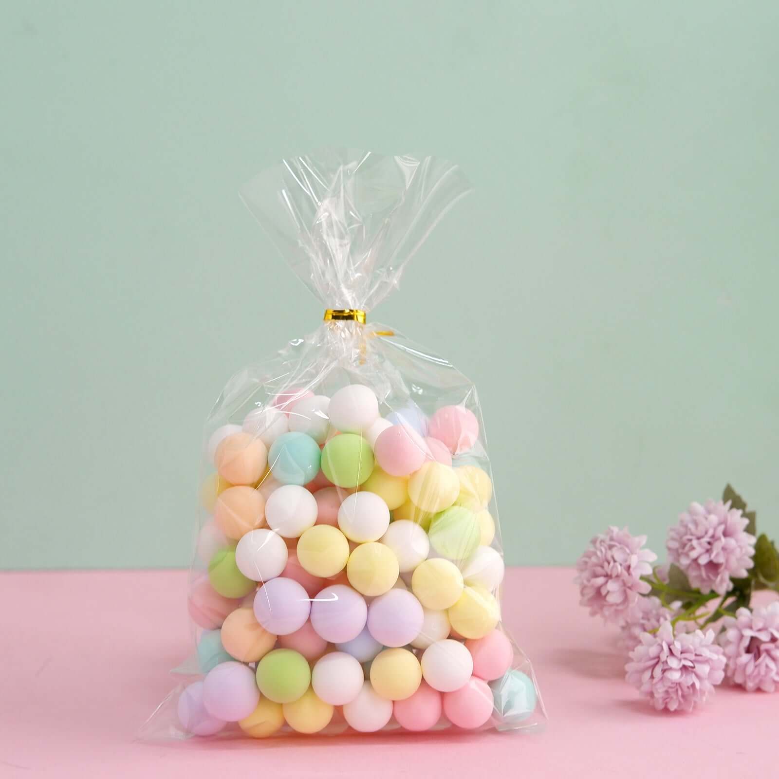 100 Pcs 6"x10" Clear Gift Goodie Candy Treat Bags and Gold Twist Ties