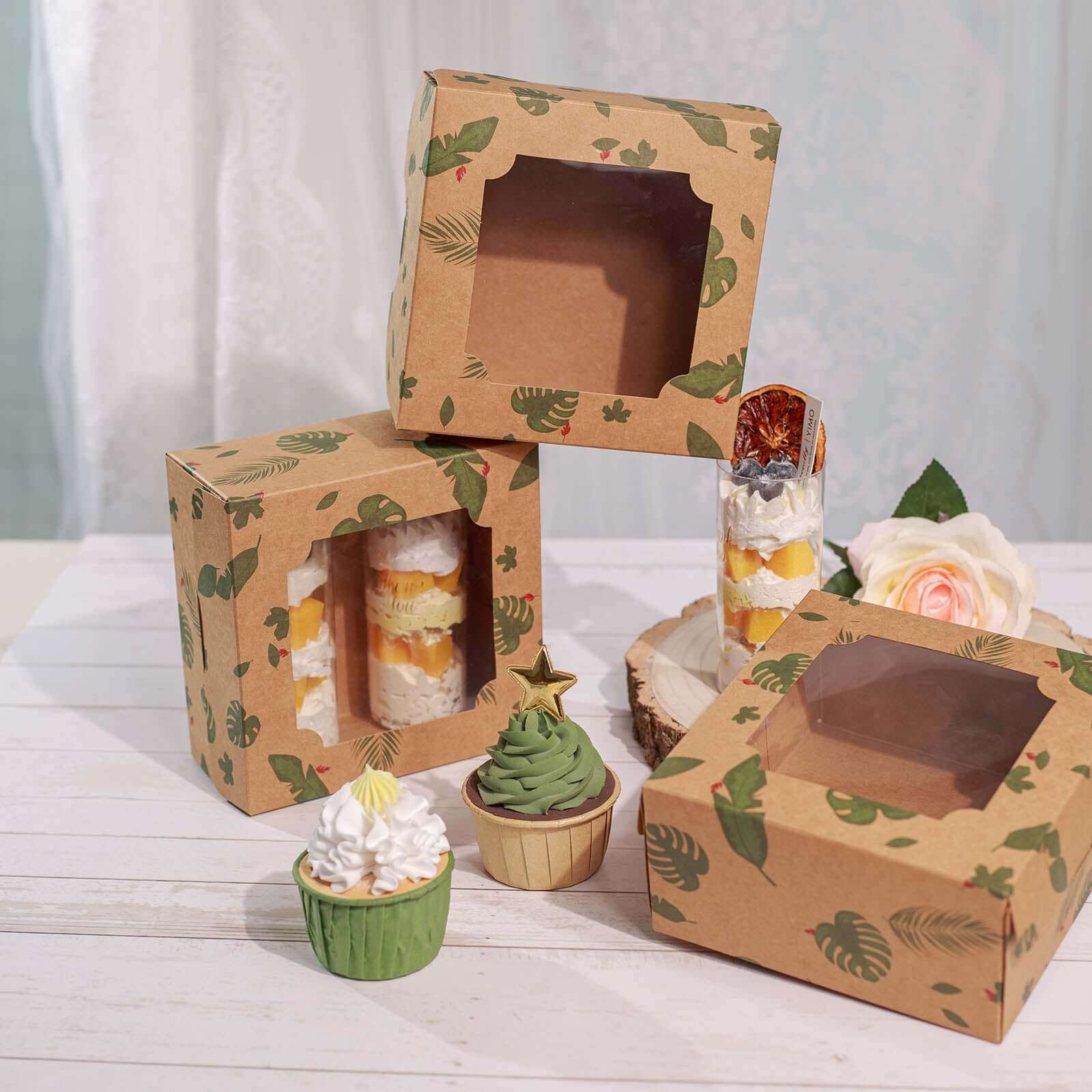12-Pack Cardstock Cookie Boxes with Display Window - Tropical Leaf Design Disposable Treat Bakery Boxes for Donuts Cupcakes Strawberries & Pastries 6"x6"x3"