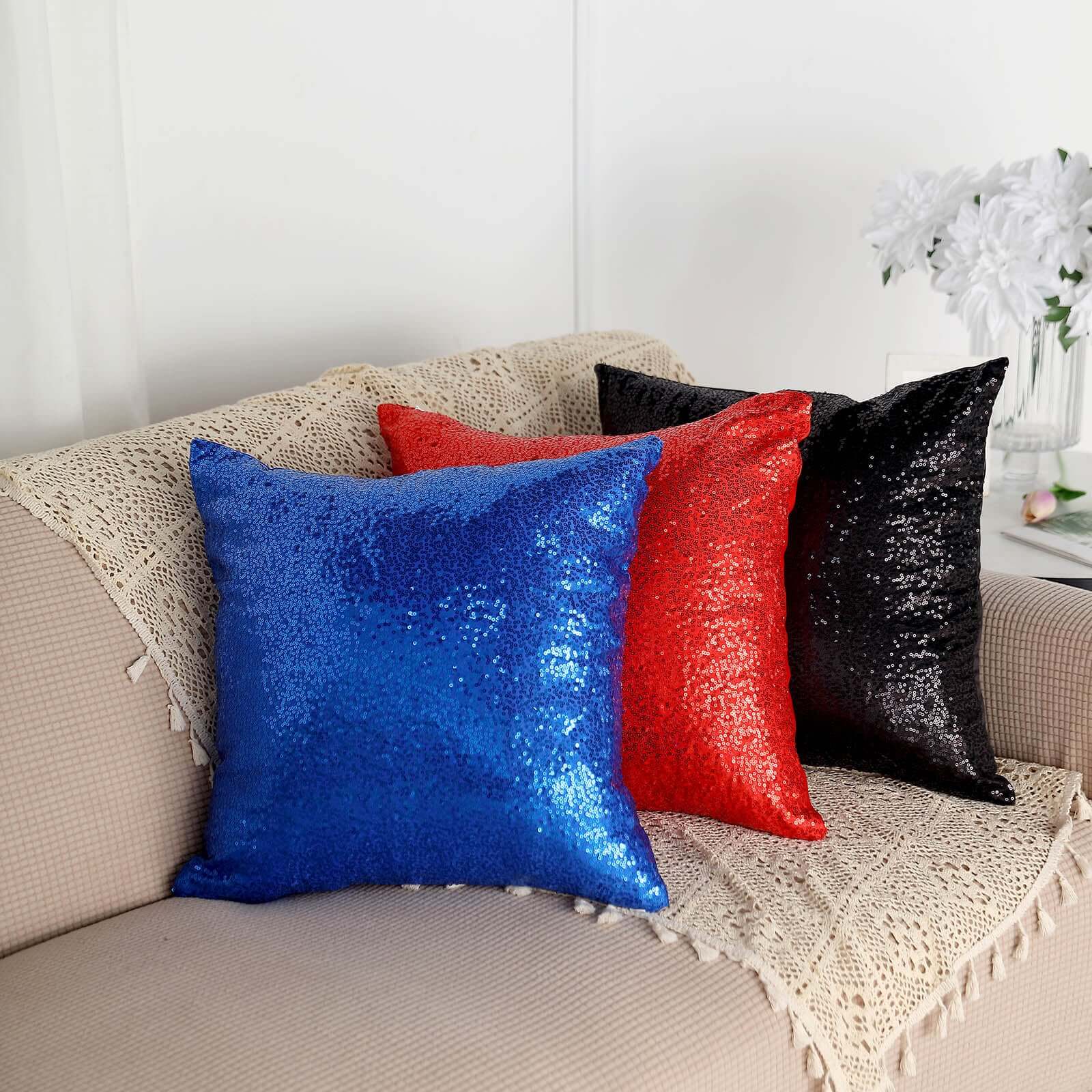 2 Pack 18"x18" Sequin Throw Pillow Cover, Decorative Cushion Case - Square Royal Blue Sequin