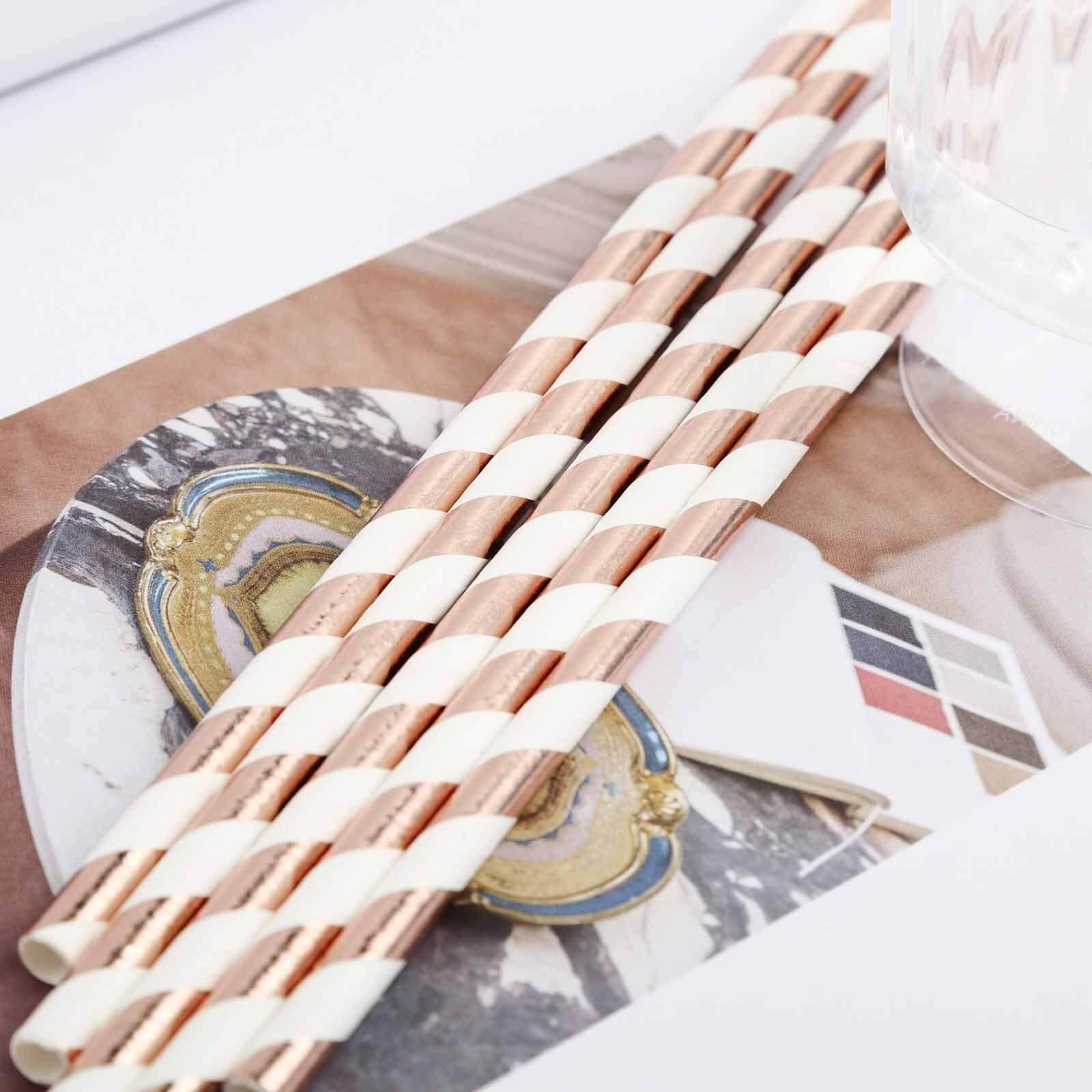 25-Pack Paper Straws White/Rose Gold Striped - Stylish Disposable Straws for Drinks 8"