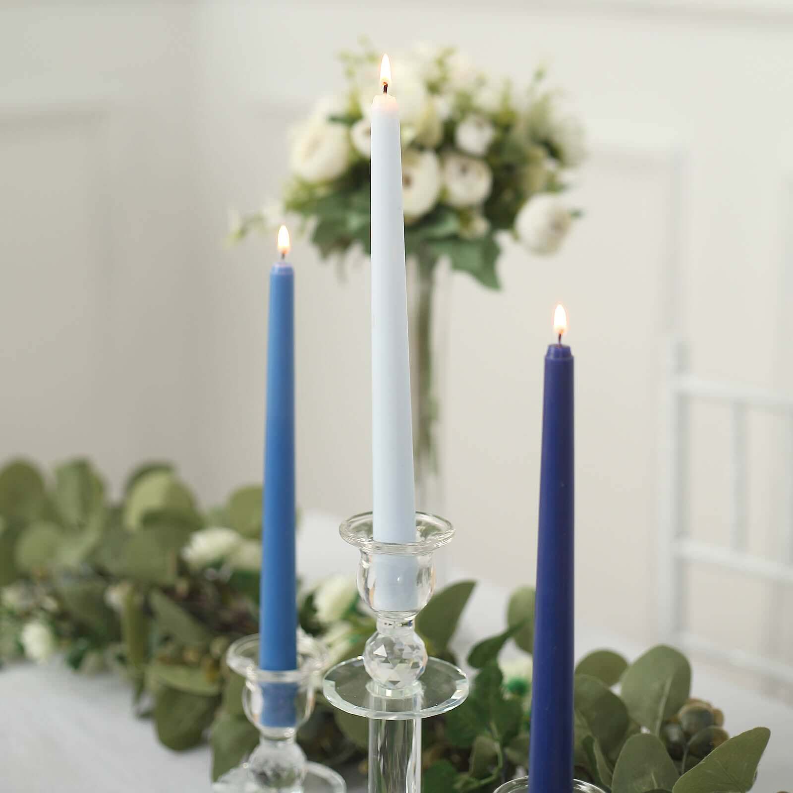 12-Pack Taper Candles Premium Wax Design Mixed Blue - Unscented Candles for Sophisticated Decor 10"