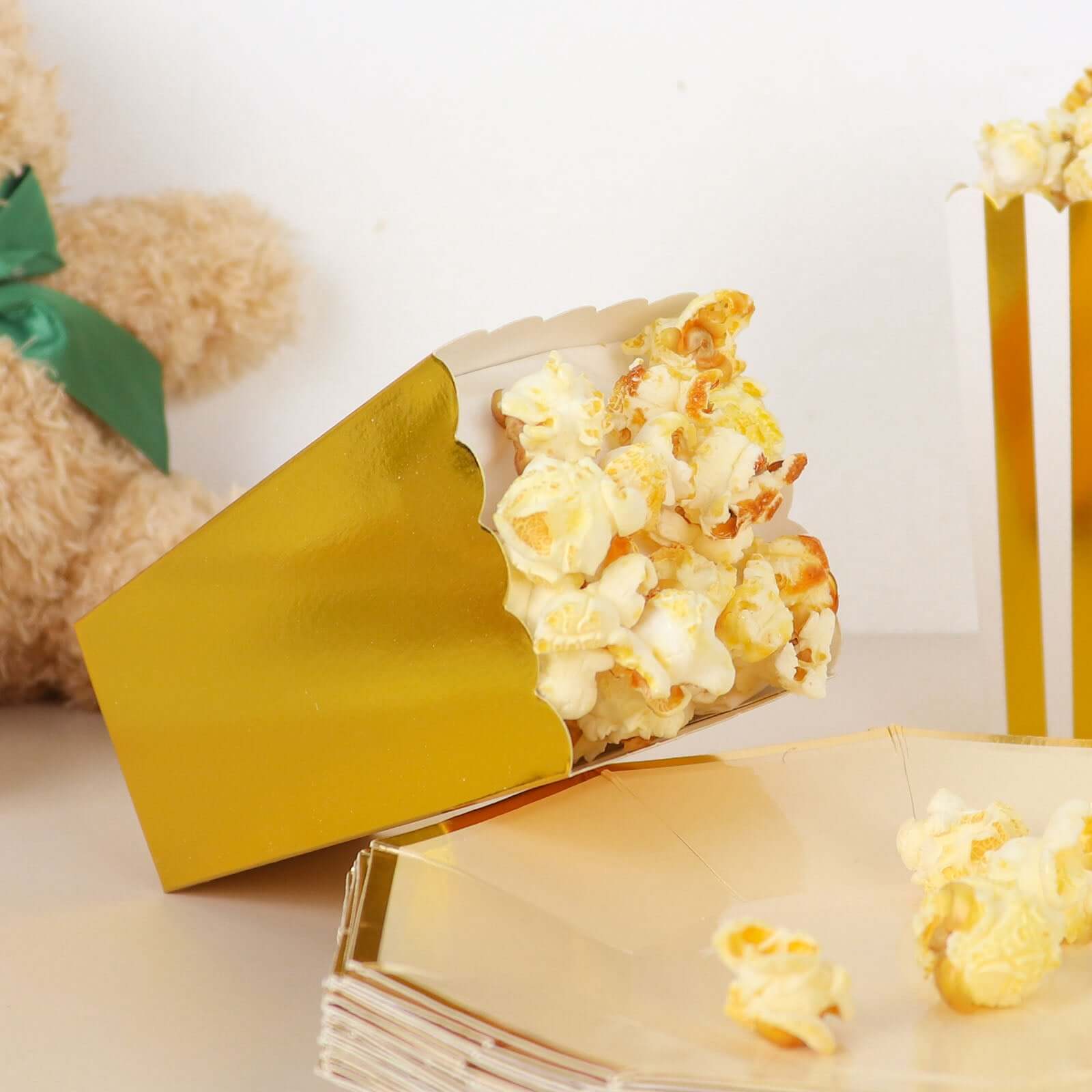 36 Pack 5" White Gold Design Mini Paper Popcorn Boxes, Candy Favor Disposable Bags - Stripe, Polka Dot, Solid Style