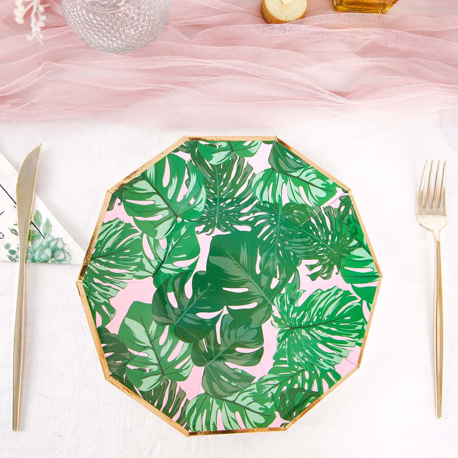 25-Pack Paper 9" Decagon Dinner Plates in Pink with Green Tropical Palm Leaves & Gold Rim - Disposable Geometric Party Plates for Luau & Summer Gatherings
