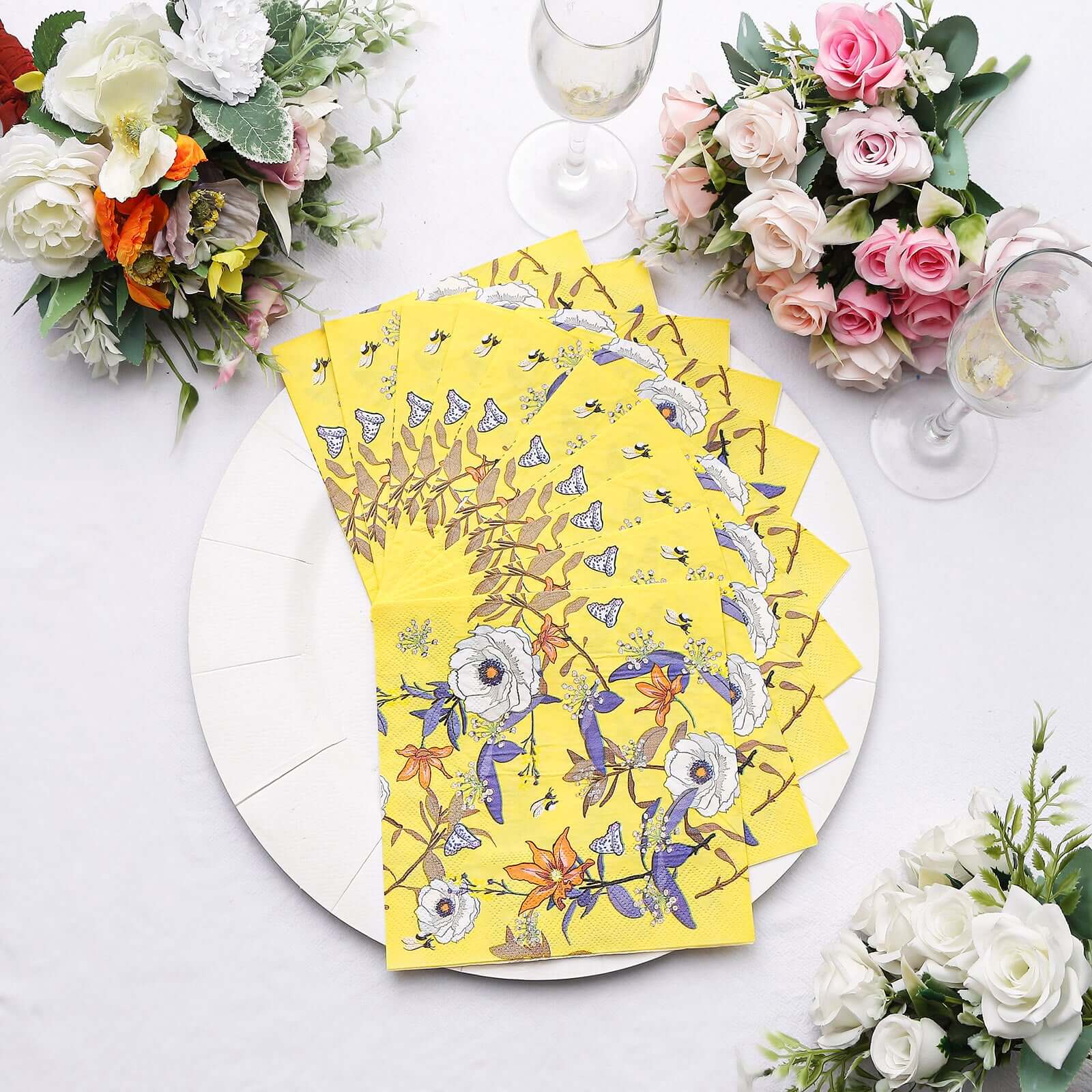 50-Pack Paper Beverage Napkins with Blooming Flowers Design Yellow - 2 Ply Soft 18GSM Floral Wedding Napkins 6.5"x6.5"