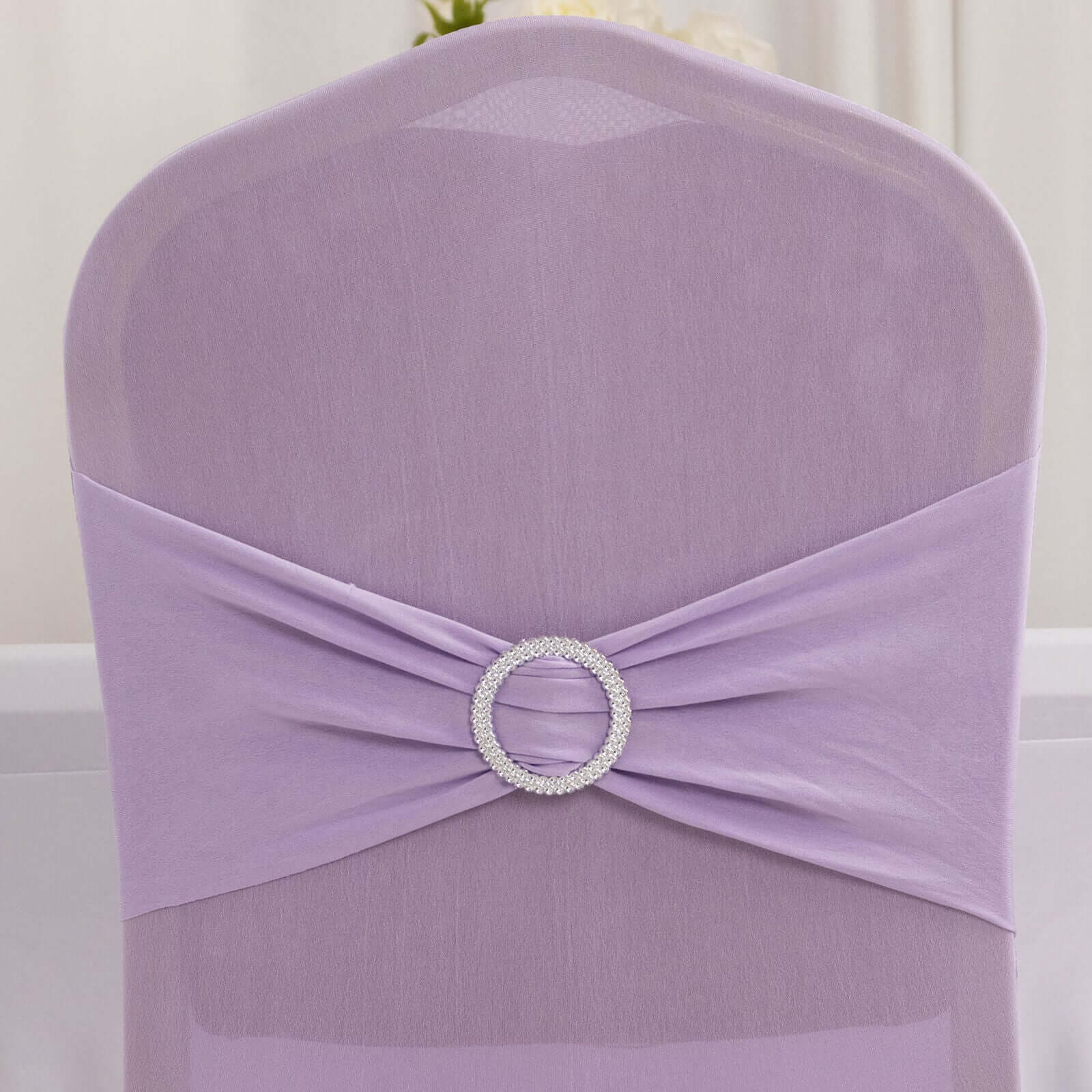 Spandex Chair Cover with Lavender Lilac Rhinestone Buckled Sash Band Blush - Stretch Fitted Slipcover