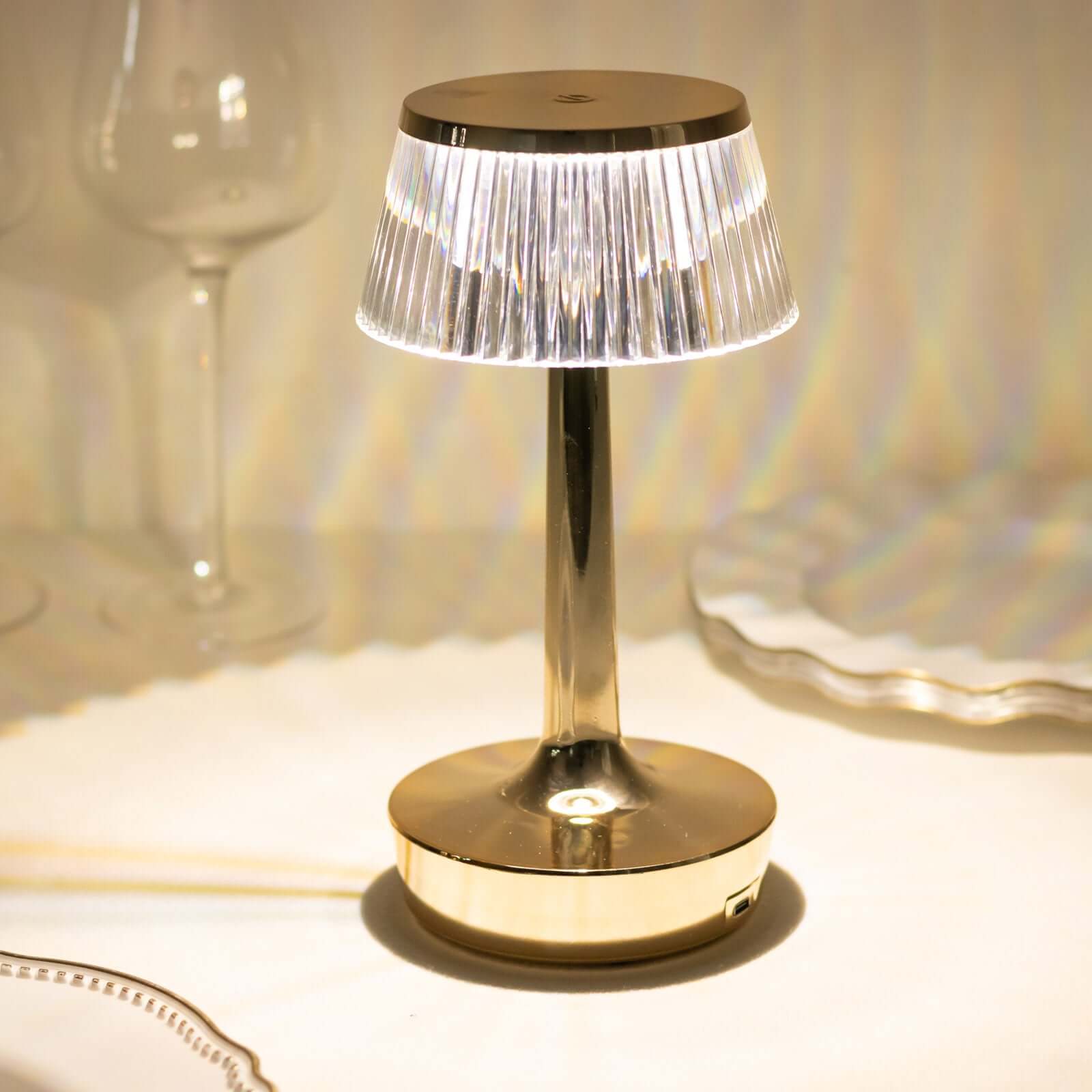 Acrylic LED Mushroom Table Lamp Clear Gold Color Changing Touch Control Night Light - Rechargeable Centerpiece 9"