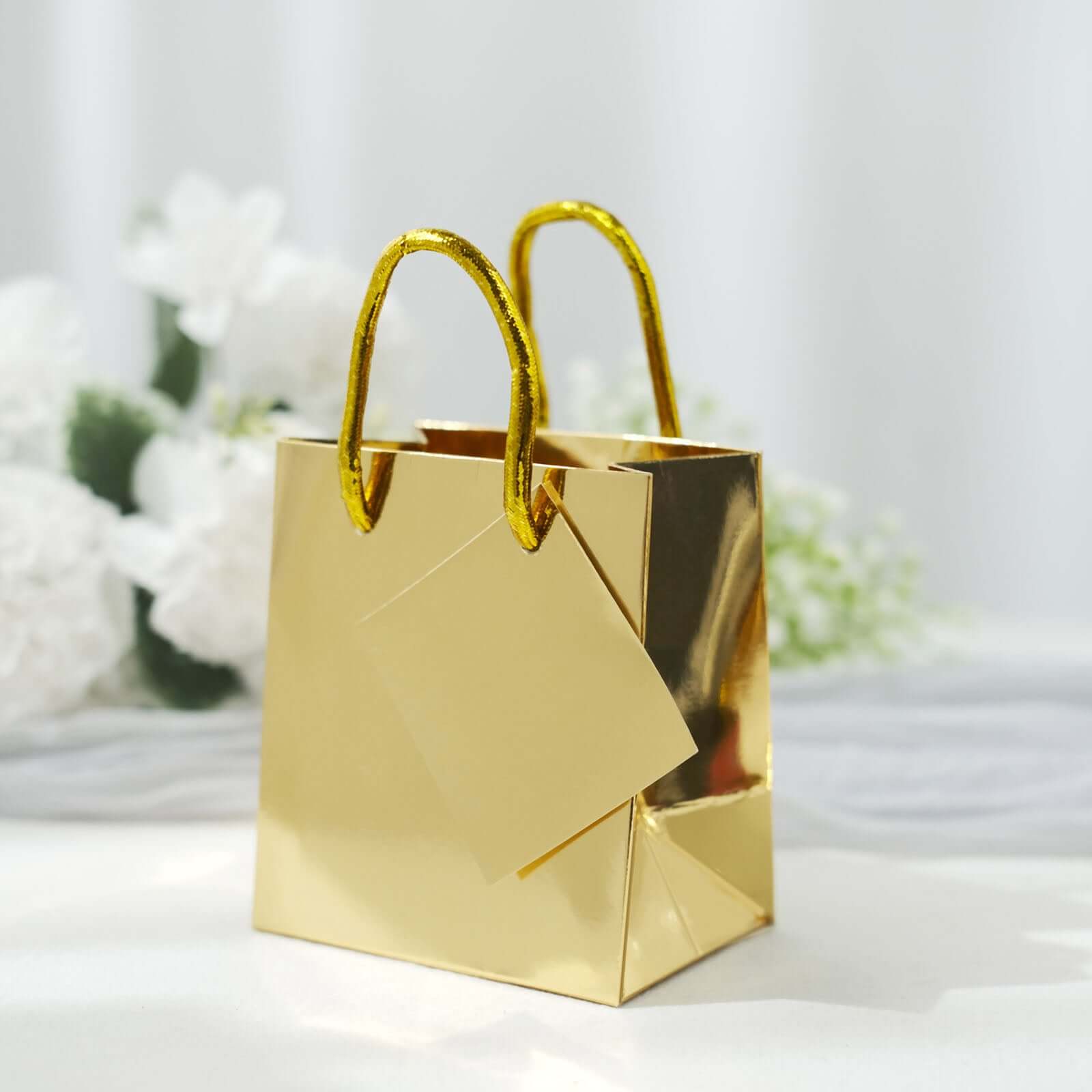 12 Pack 5" Shiny Metallic Gold Foil Paper Party Favor Bags With Handles, Small Gift Wrap Goodie Bags