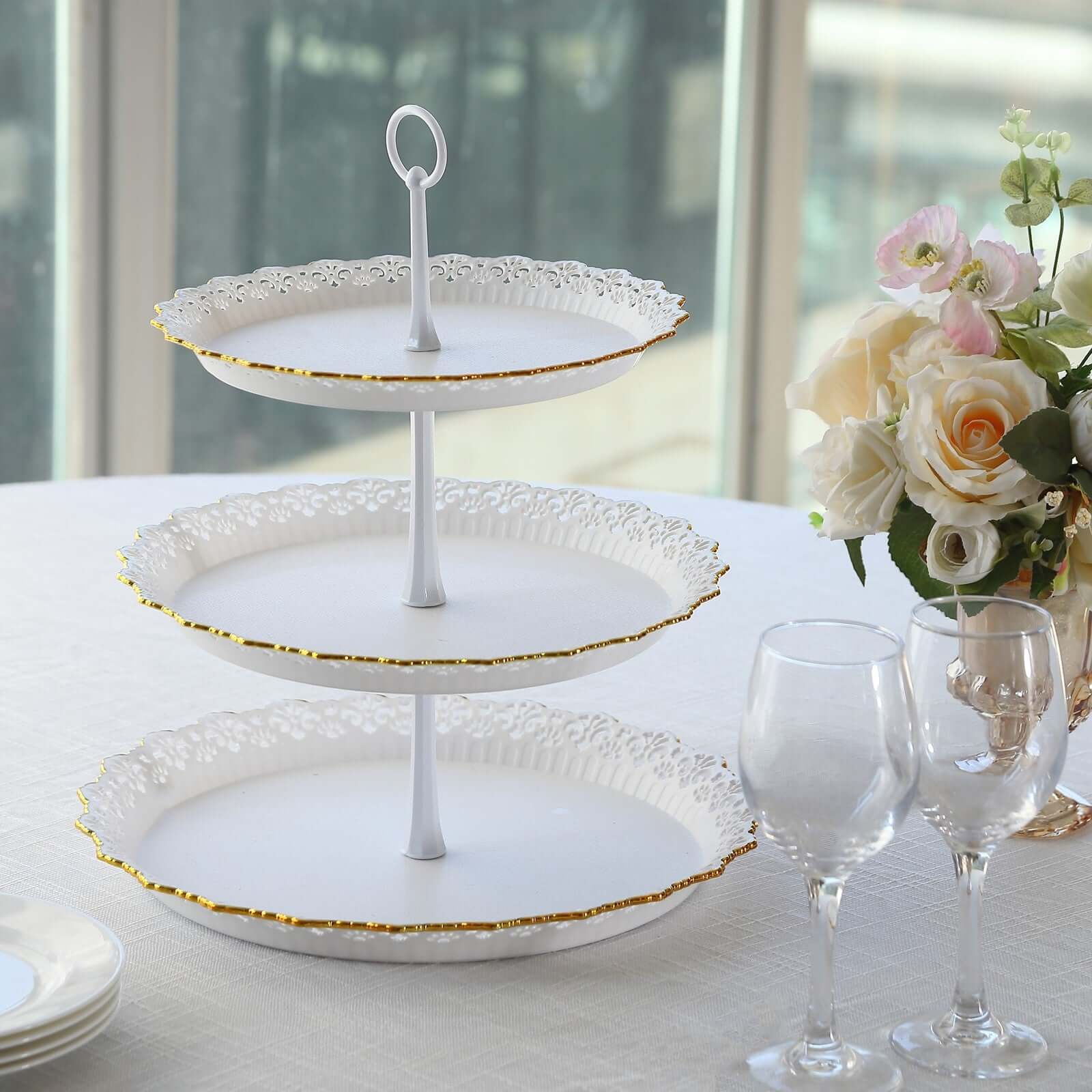 3-Tier Plastic Round Cupcake Stand 15" White with Lace Gold Rim Scalloped Edges - Multifunctional Space Saving Dessert Display Tower Pastry Serving Tray for Classy Events