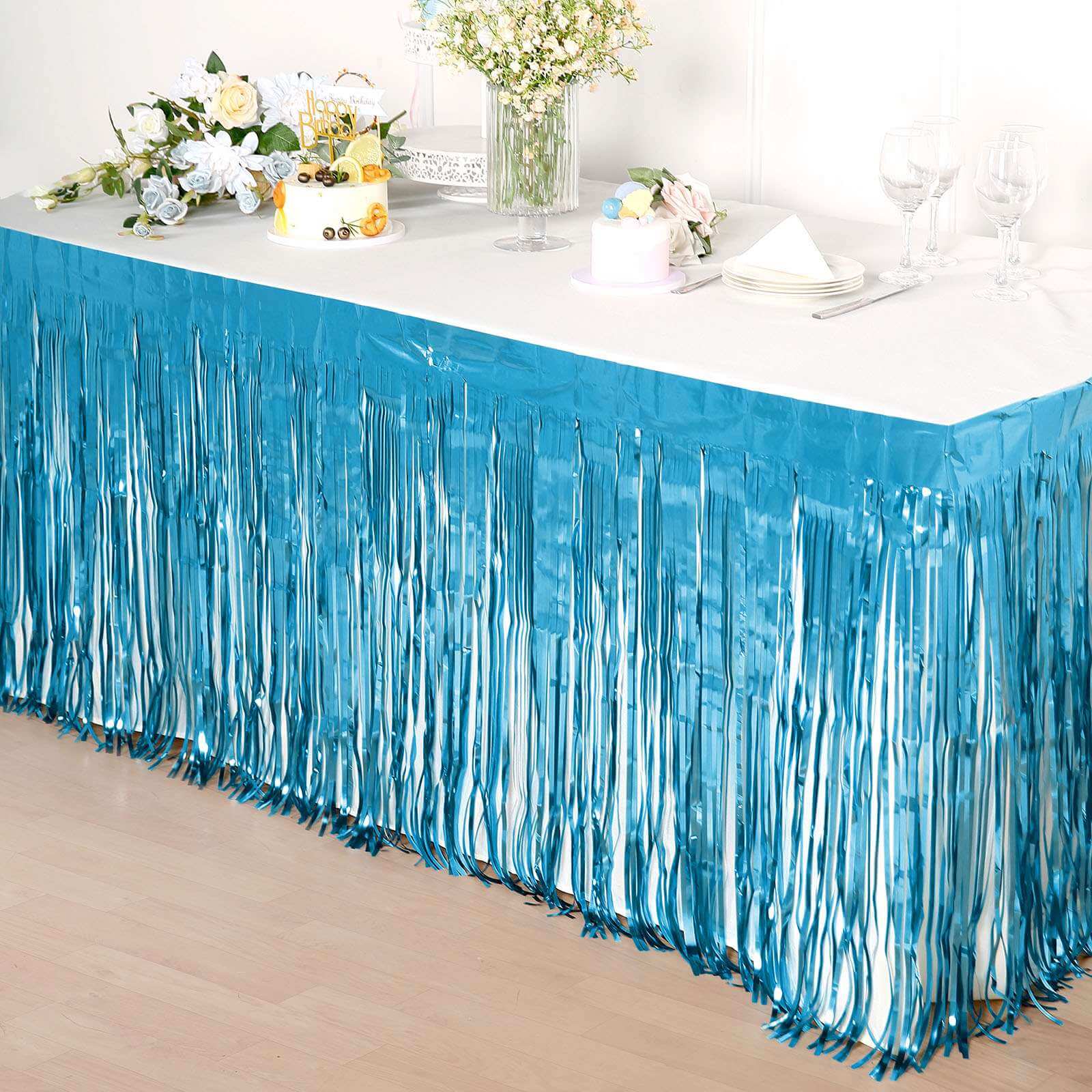Metallic Foil Fringe Table Skirt Blue with Self Adhesive Backing - Durable Tinsel Skirt for Parties 30"x9ft