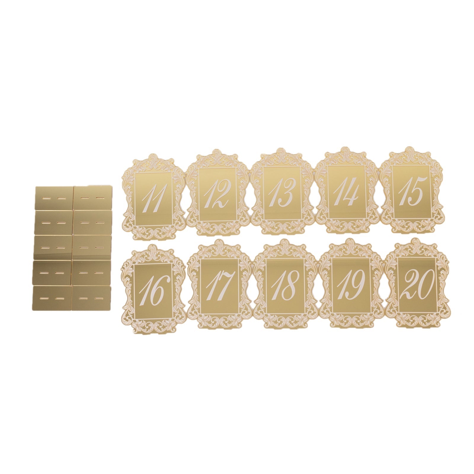 Gold Mirror Arch Acrylic Table Numbers (11-20) - 5"x7" Wedding Reception Signs with Baroque Lace Border, White Print & Stands