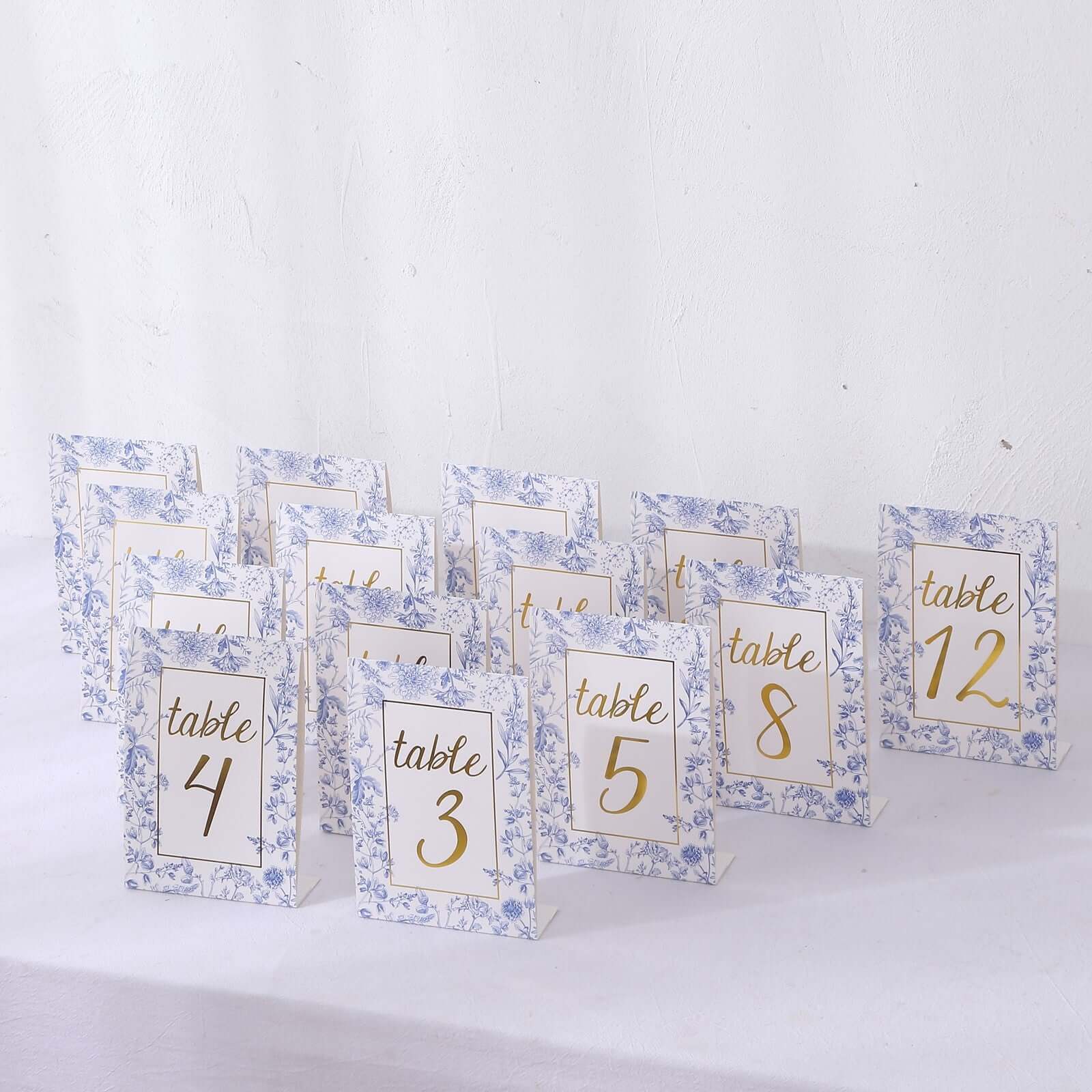25-Pack Paper Wedding Table Numbers 1-25 White/Blue French Toile Design - Free Standing Double Sided Table Signs with Glam Gold Foil Numbers 7"
