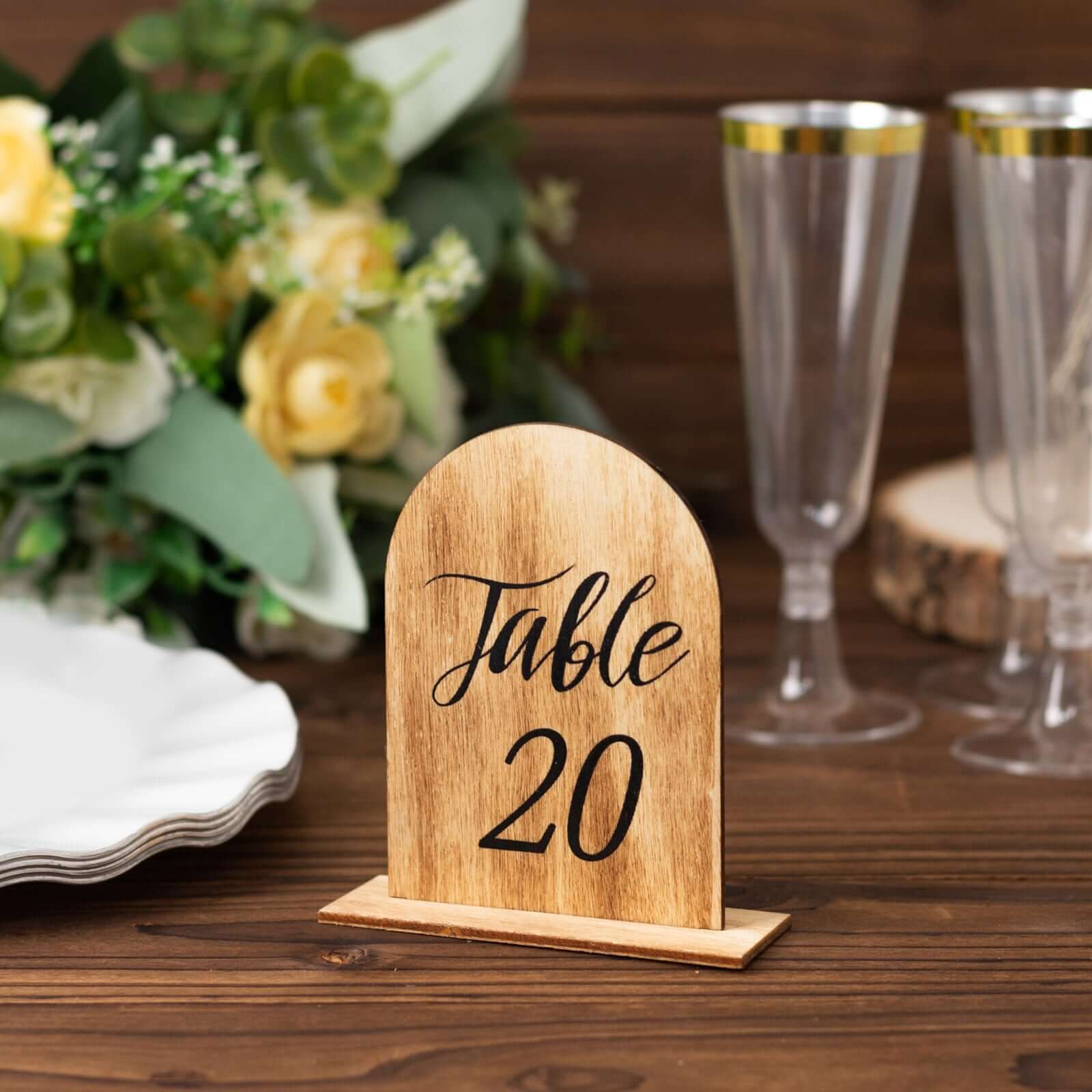 20-Pack Natural Wooden Table Numbers 1-20 Rustic Arch Design with Removable Base - Ideal for Banquets and Receptions 4.5"