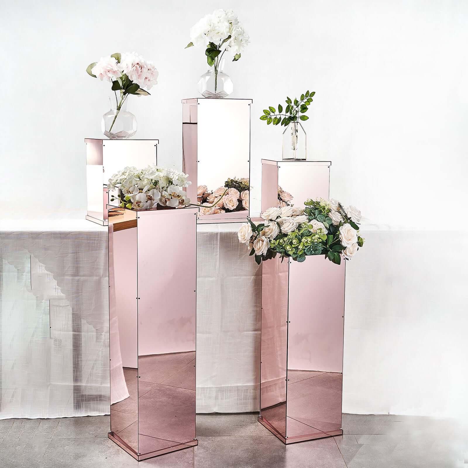 Set of 5 Rose Gold Mirror Finish Acrylic Display Boxes, Pedestal Risers with Interchangeable Lid and Base - 12",16",24",32",40"