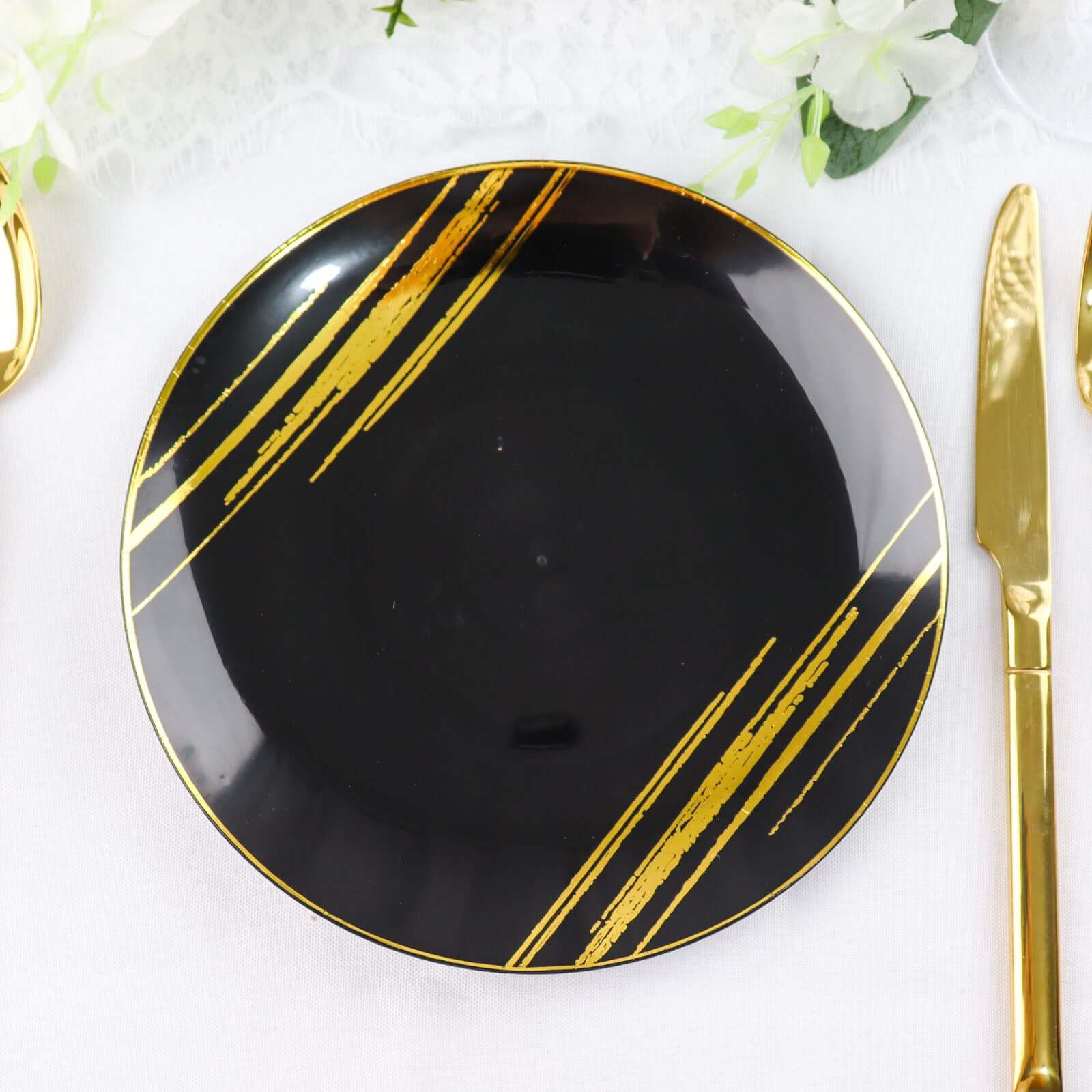 10-Pack Plastic 7" Round Dessert Plates in Black with Gold Brush Stroked Print - Disposable Appetizer Salad Plates for Modern Themed Events & Banquets