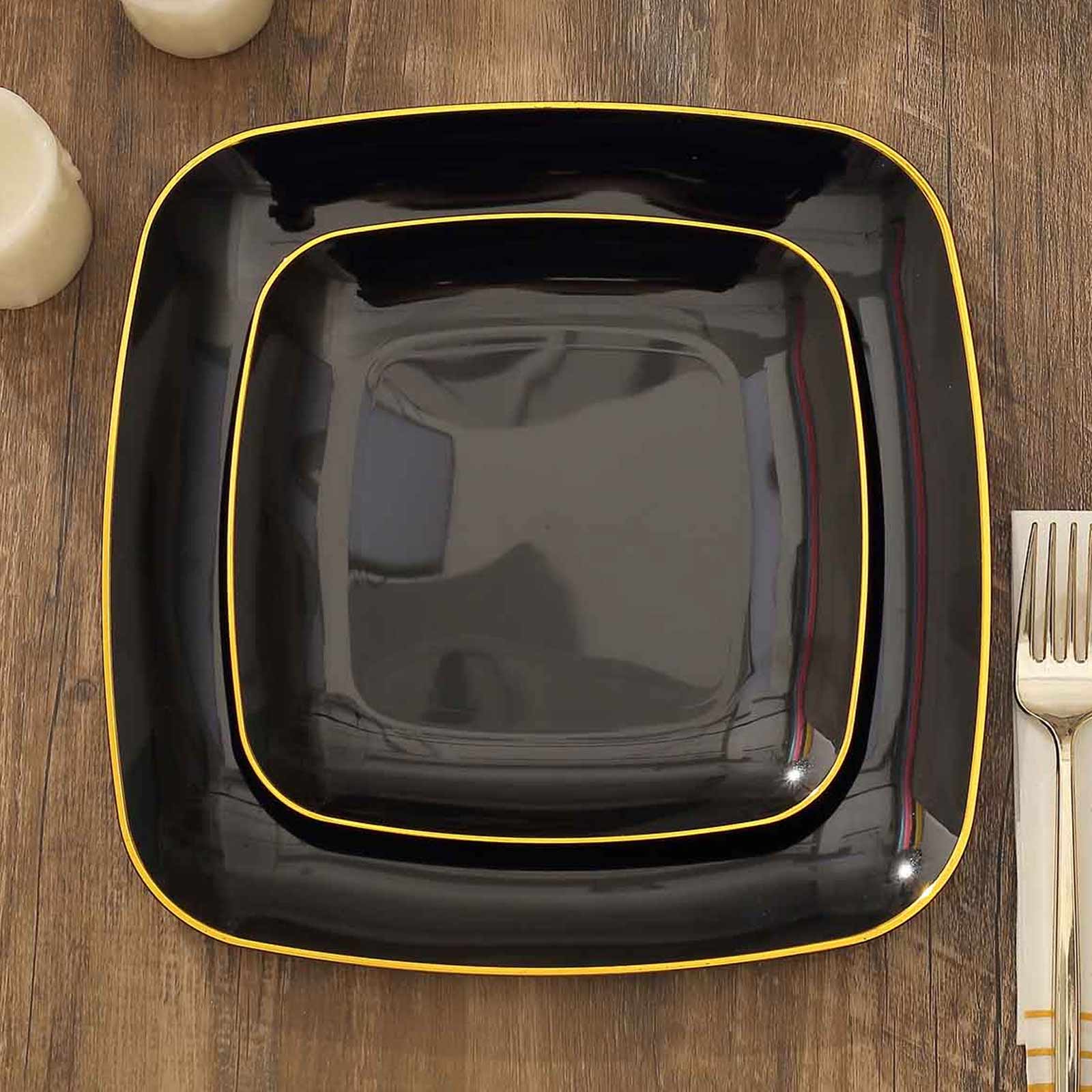 10-Pack Plastic 7" Square Dessert Plates in Black with Gold Rim - Classy Disposable Appetizer Salad Plates