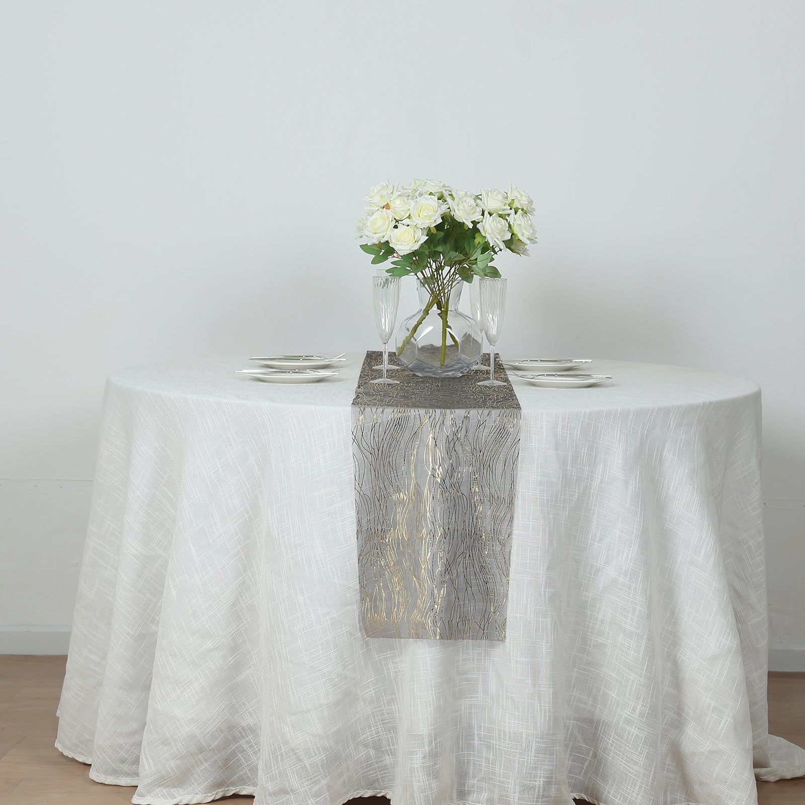 5 Pack Organza 12"x108" Table Runners Black - Gold Wave Design