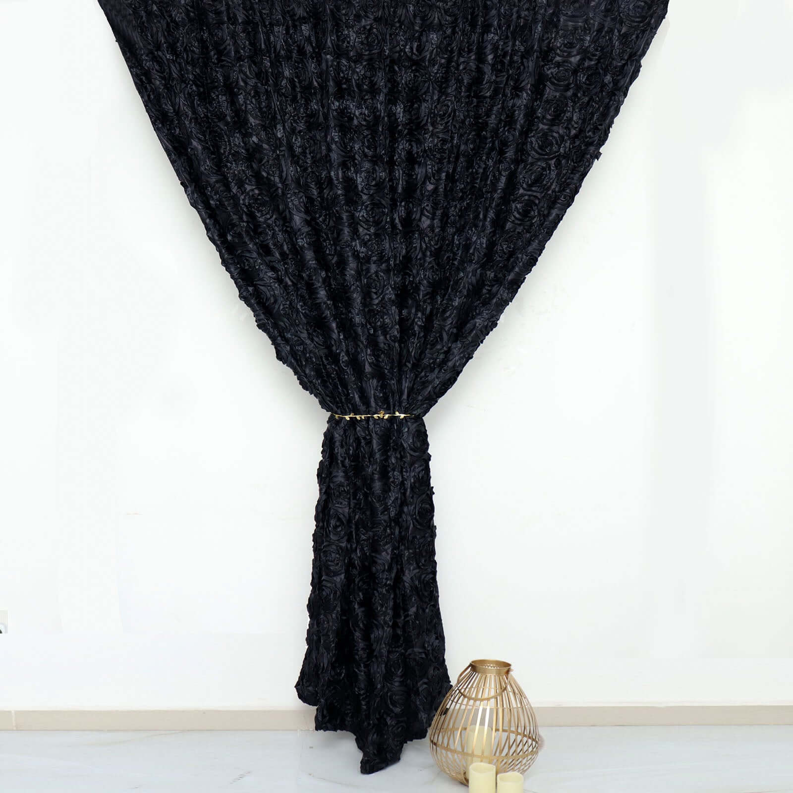 8ftx8ft Black Satin Rosette Event Curtain Drapes, Backdrop Event Panel