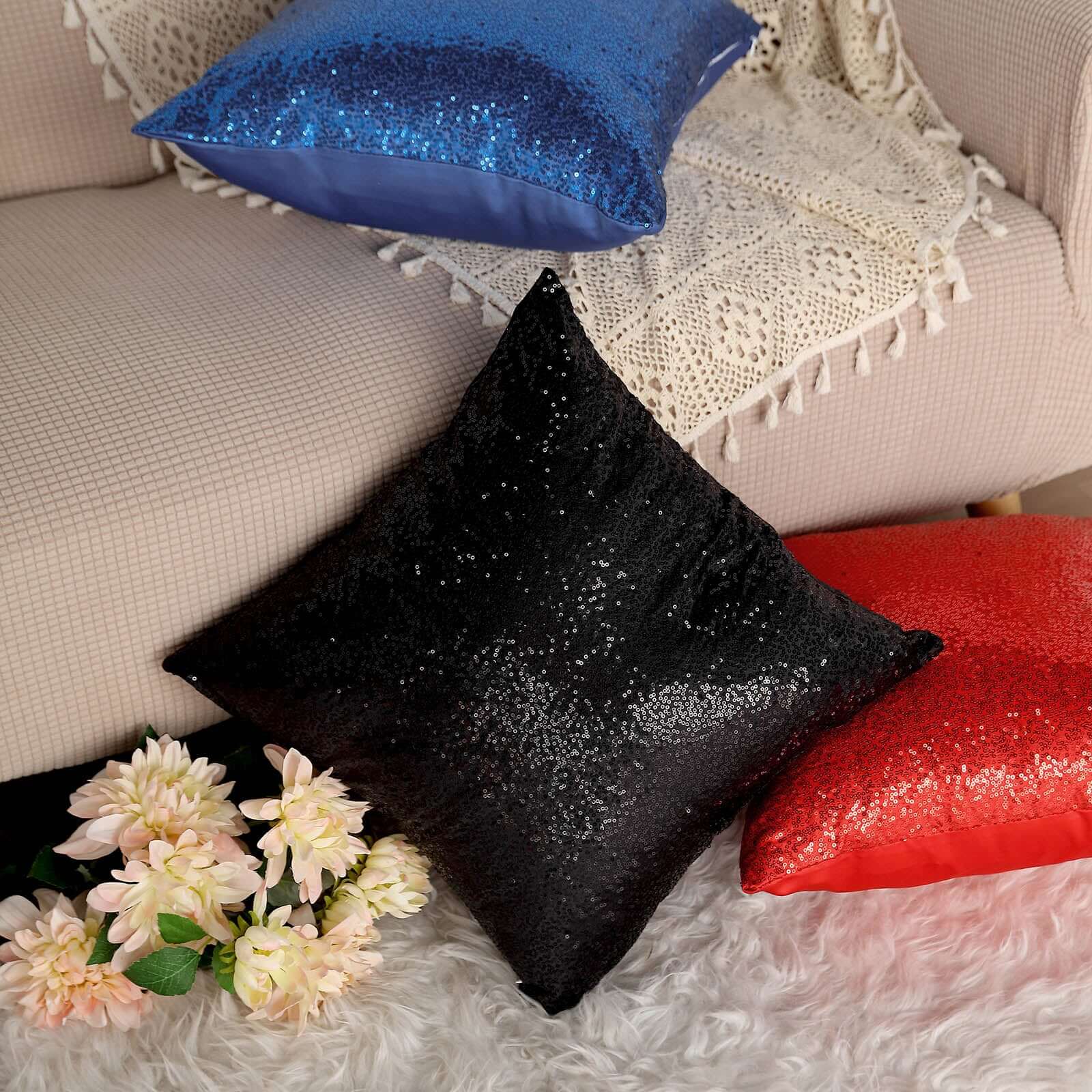 2 Pack 18"x18" Sequin Throw Pillow Cover, Decorative Cushion Case - Square Black Sequin