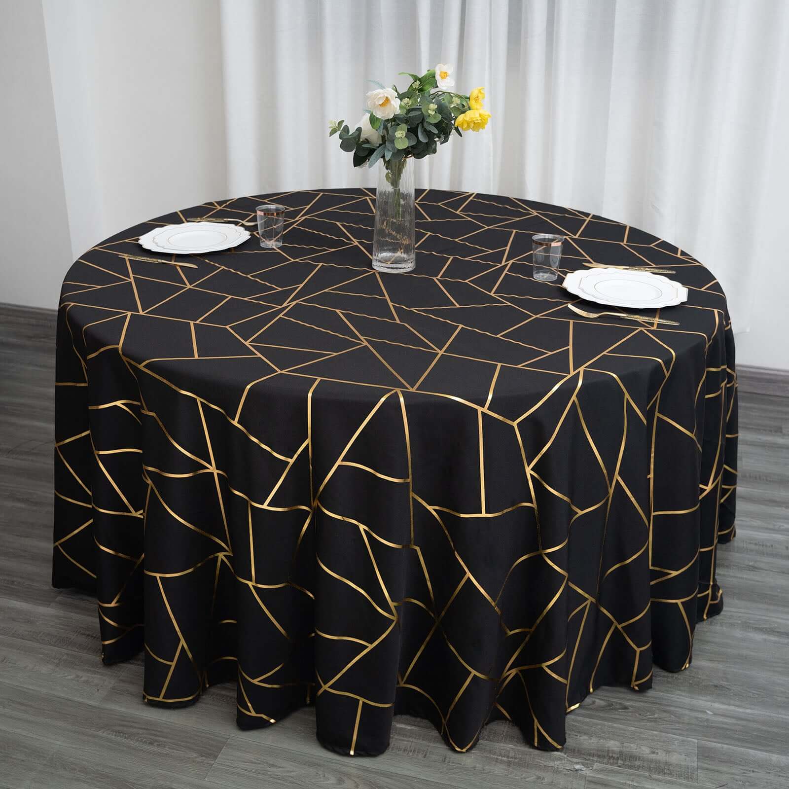 Polyester 120" Round Tablecloth Black with Gold Foil Geometric Pattern Wrinkle-Resistant Seamless Table Cover