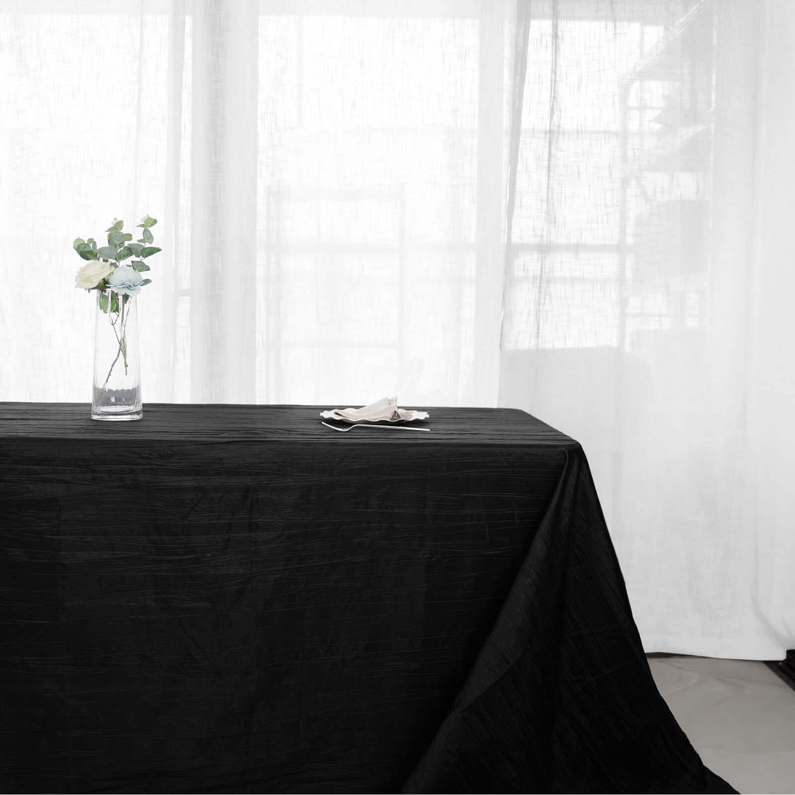 Taffeta 90"x156" Rectangle Tablecloth Black - Accordion Crinkle Seamless Table Cover