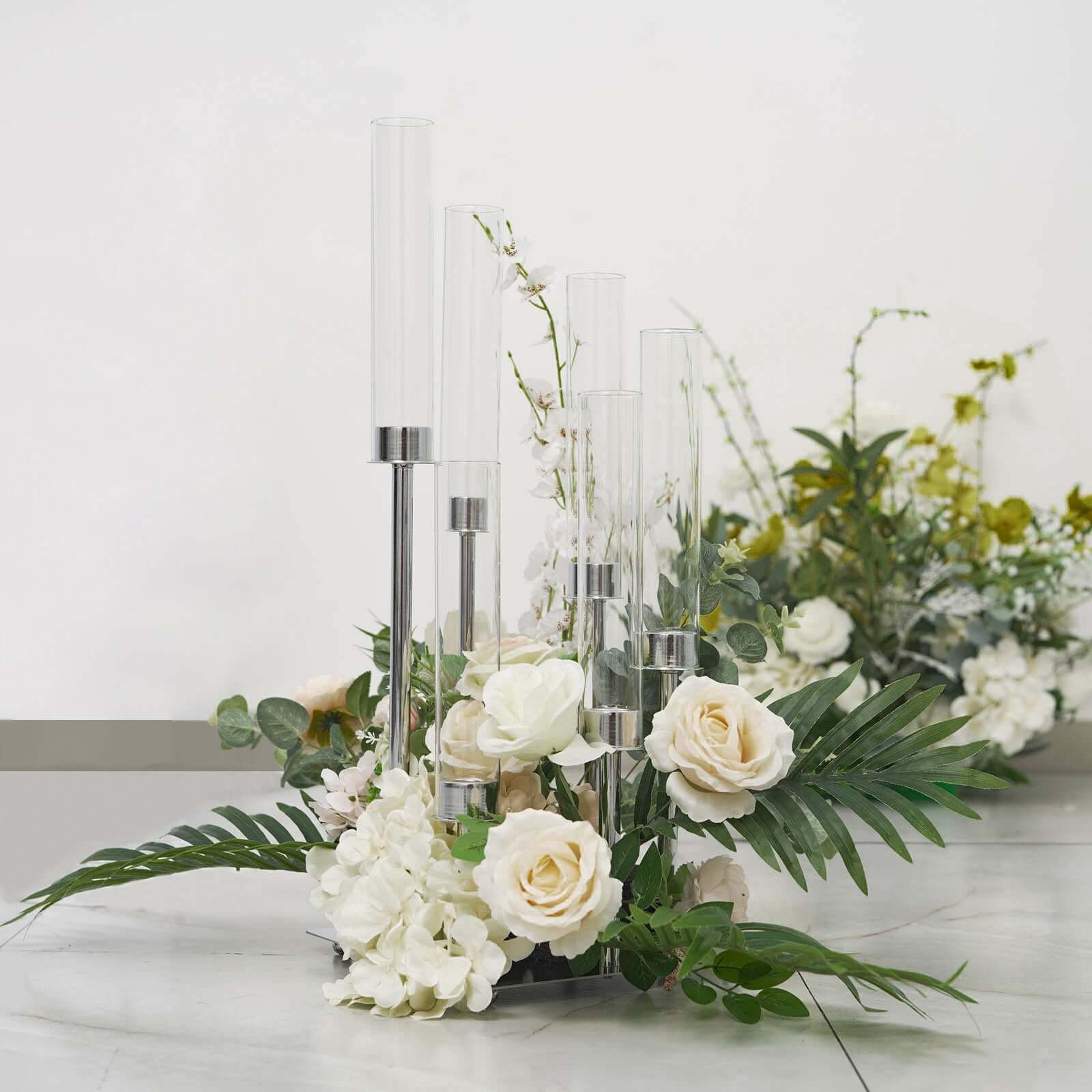 6-Arm Cluster Taper Candle Holder Silver with Clear Glass Shades - Sleek Candle Display for Gatherings 24"