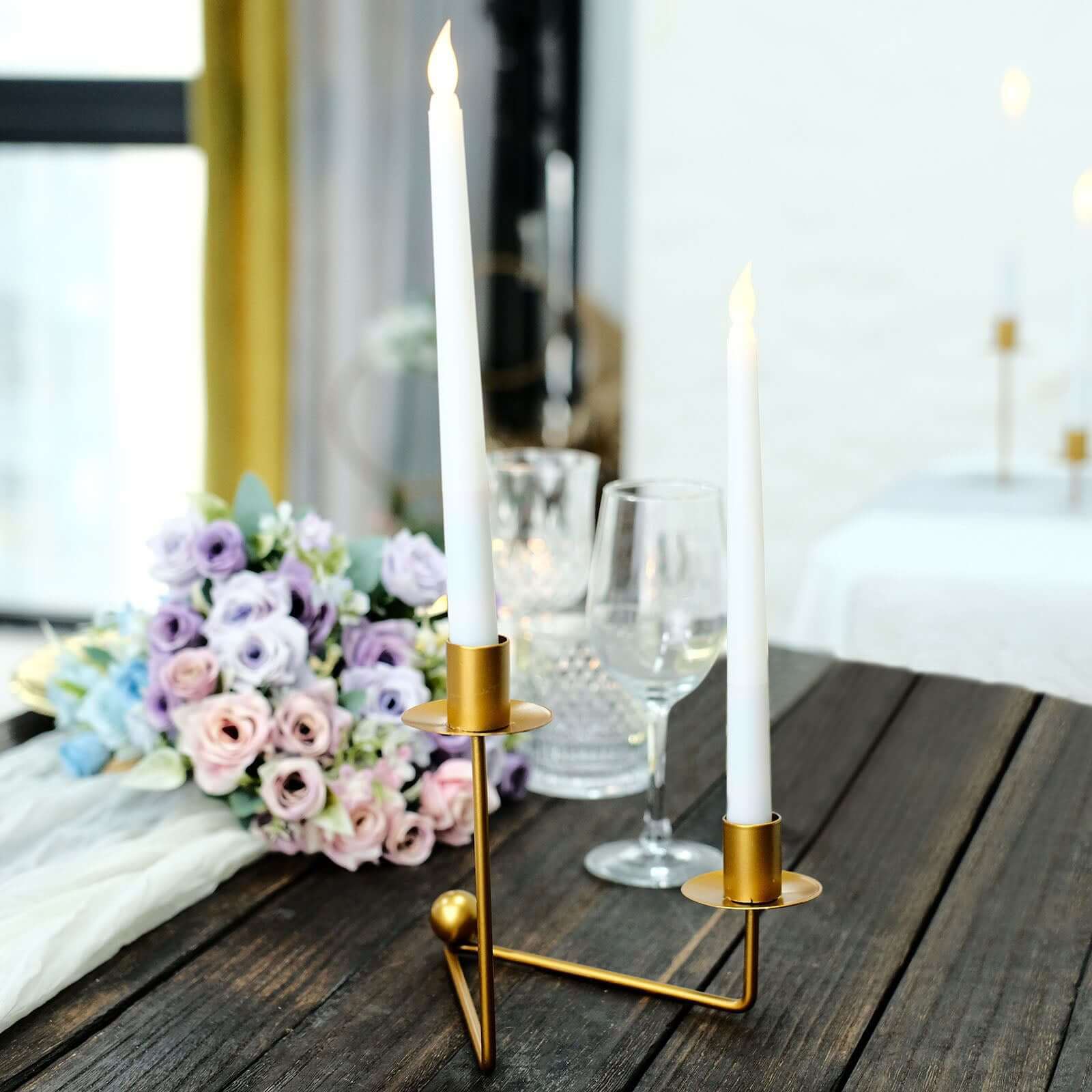 2-Pack V-Shaped Geometric Taper Candelabra 2 Arm Candle Holder Design Gold Metal - Wedding Decor Accent 7"