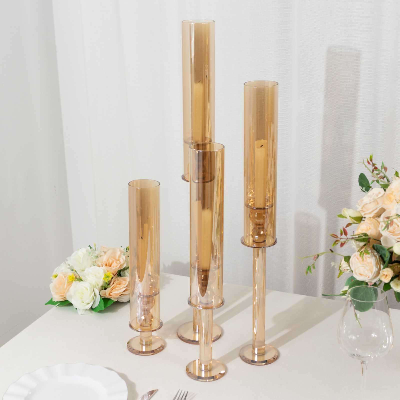 Set of 4 Crystal Glass Hurricane Taper Candle Holders, Decorative Tall Candle Stands Gold Cylinder Chimney Tubes 14", 18", 22", 26"