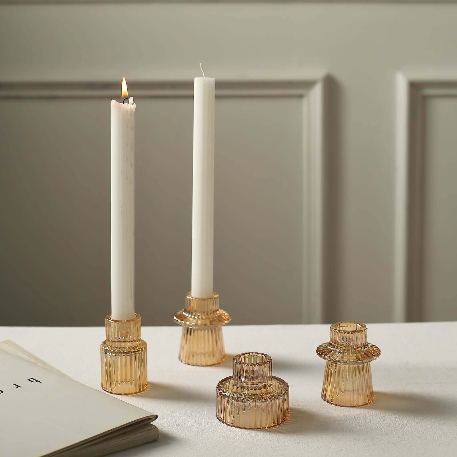 Set of 6 Glass Taper Candle Holders Ribbed Crystal Design Amber Gold - Reversible Mini Votive Tealight Stands 3"