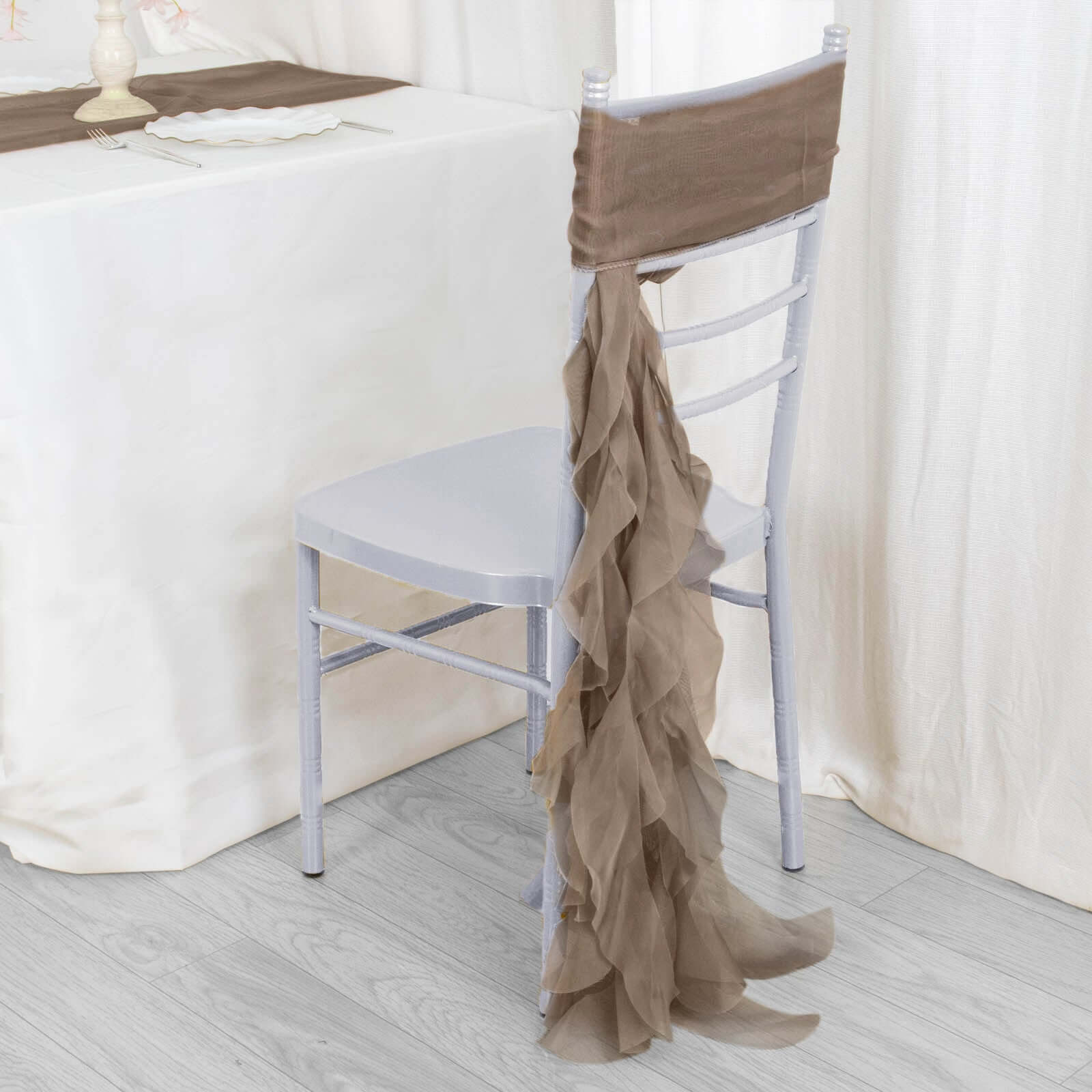 1 Set Chiffon Hoods Chair Sashes with Willow Ruffles Design Taupe - Stylish Chair Bow Decor