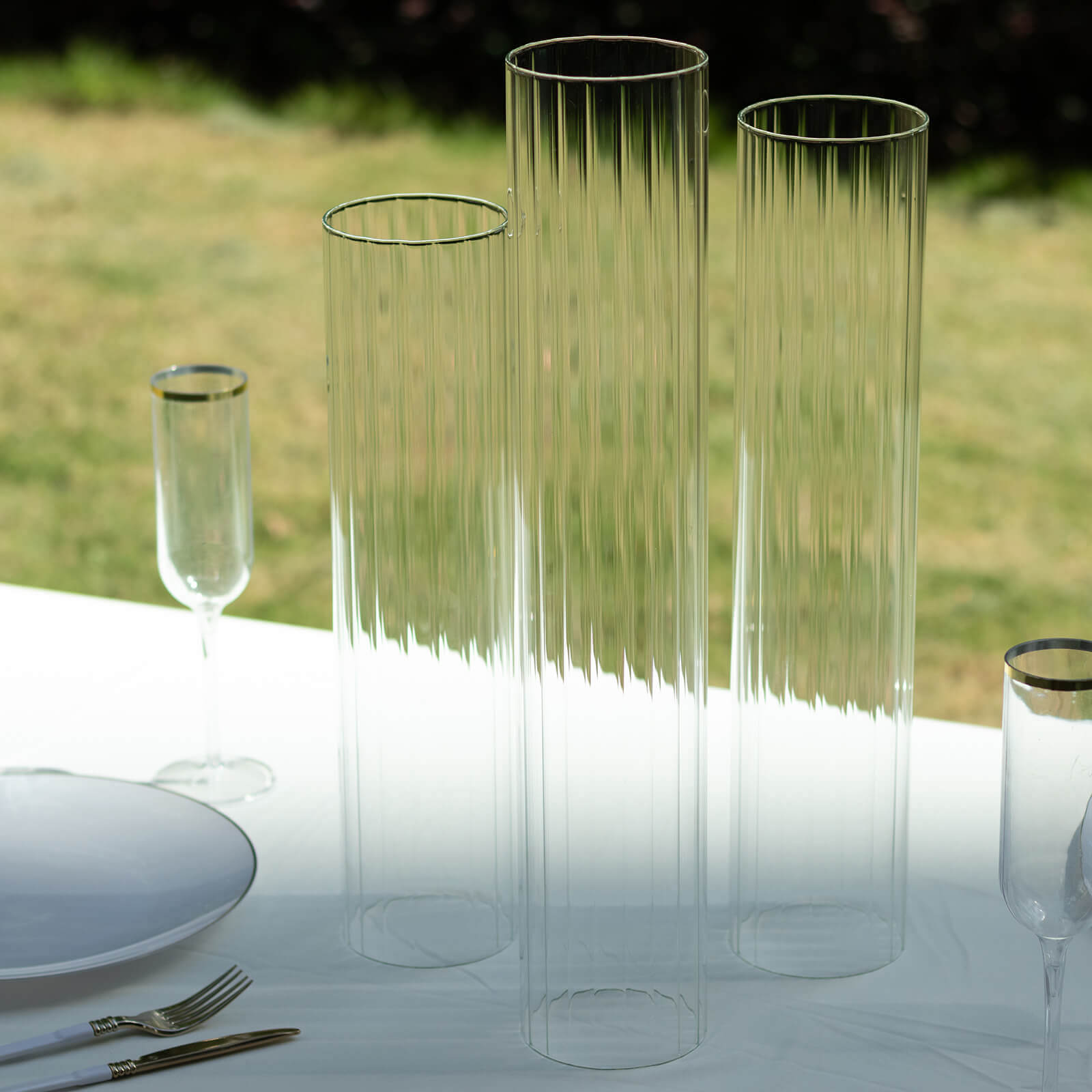 Set of 3 Clear Ribbed Glass Hurricane Shades Open End Design - Stylish Candelabra Pillar Candle Holder Table Centerpiece 15", 17", 19"