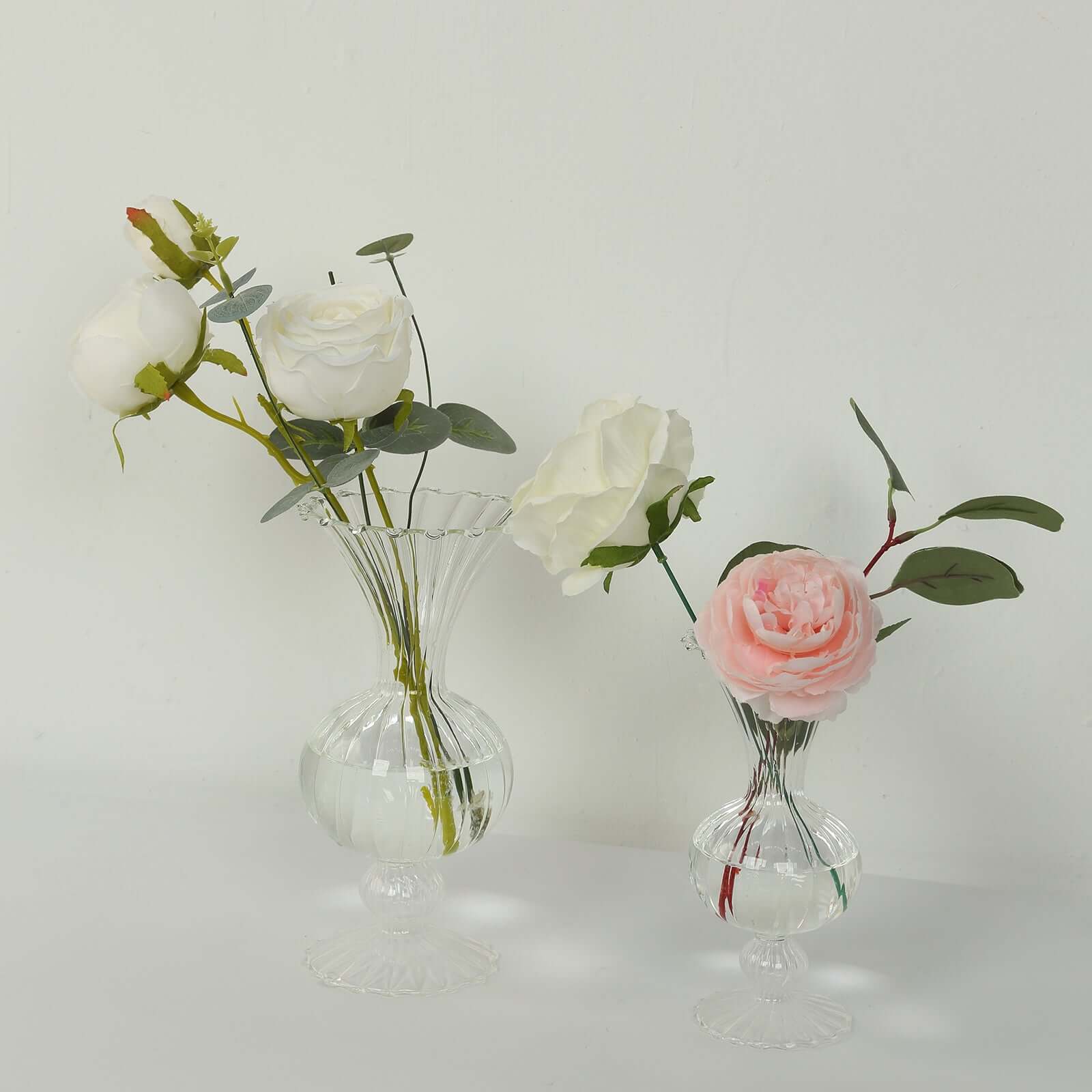 Set of 4 Glass Flower Vases Nordic Style with Petals Texture Clear - Transparent Bud Planters for Wedding Table Decor 7", 9"
