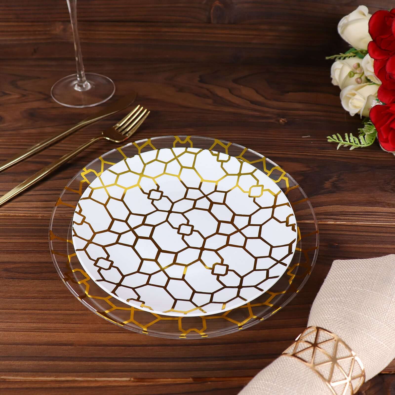 20-Pack Set Plastic Round Dinner and Salad Plates in White & Clear with Geometric Gold Print - Modern Disposable Dinnerware Set for Weddings & Celebrations 9", 7"