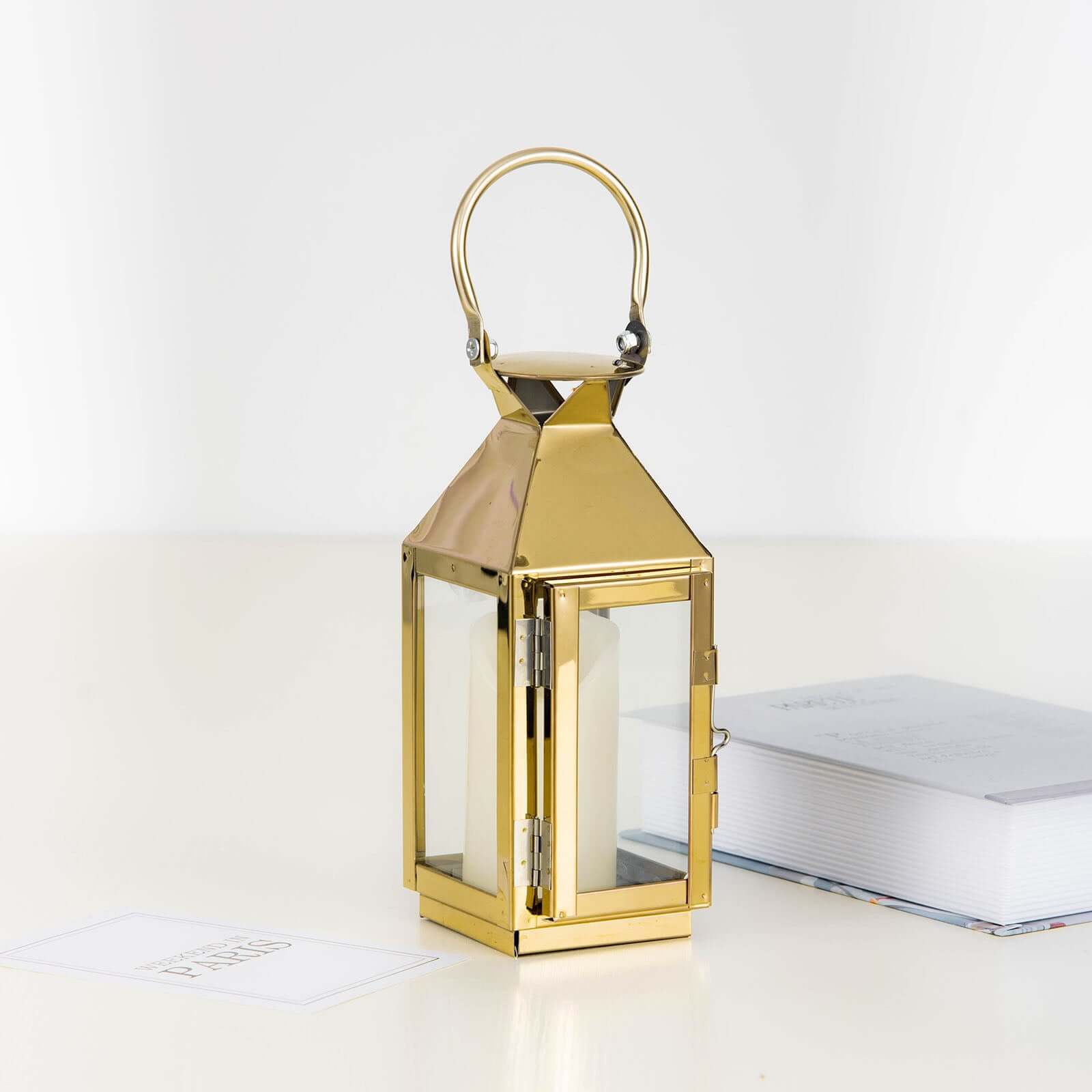 Stainless Steel Candle Lantern Crown Top Design Gold - Outdoor Metal Patio Lantern Centerpiece 8"