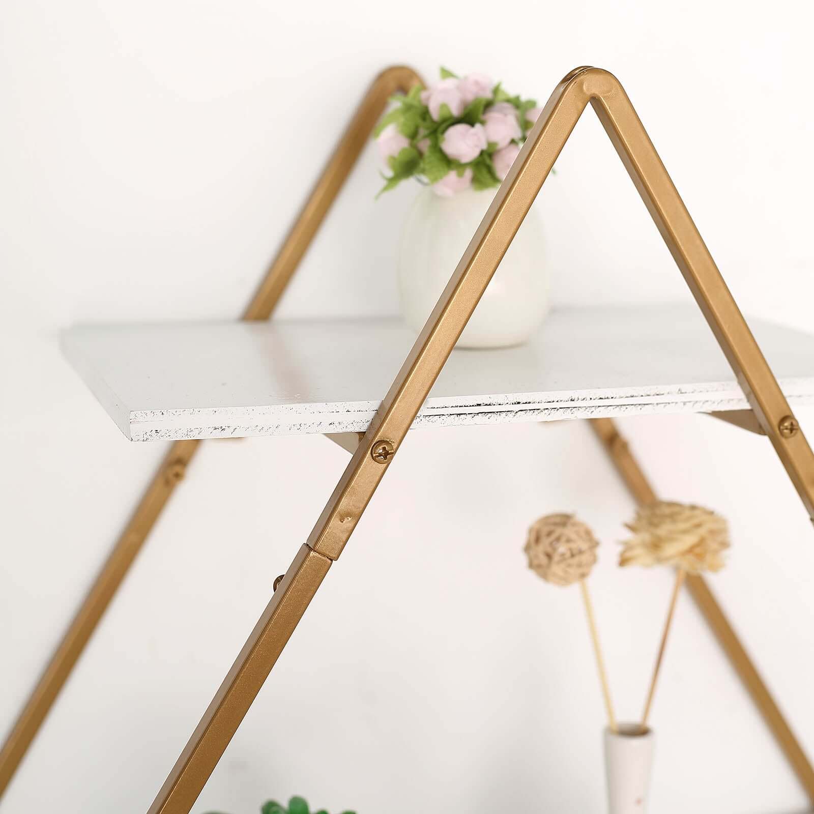 31" Geometric Diamond Shaped 3-Tier Gold Metal Dessert Cupcake Stand Rack, Wall Hanging Display Shelf Display, Book Shelf With White Wood Panels