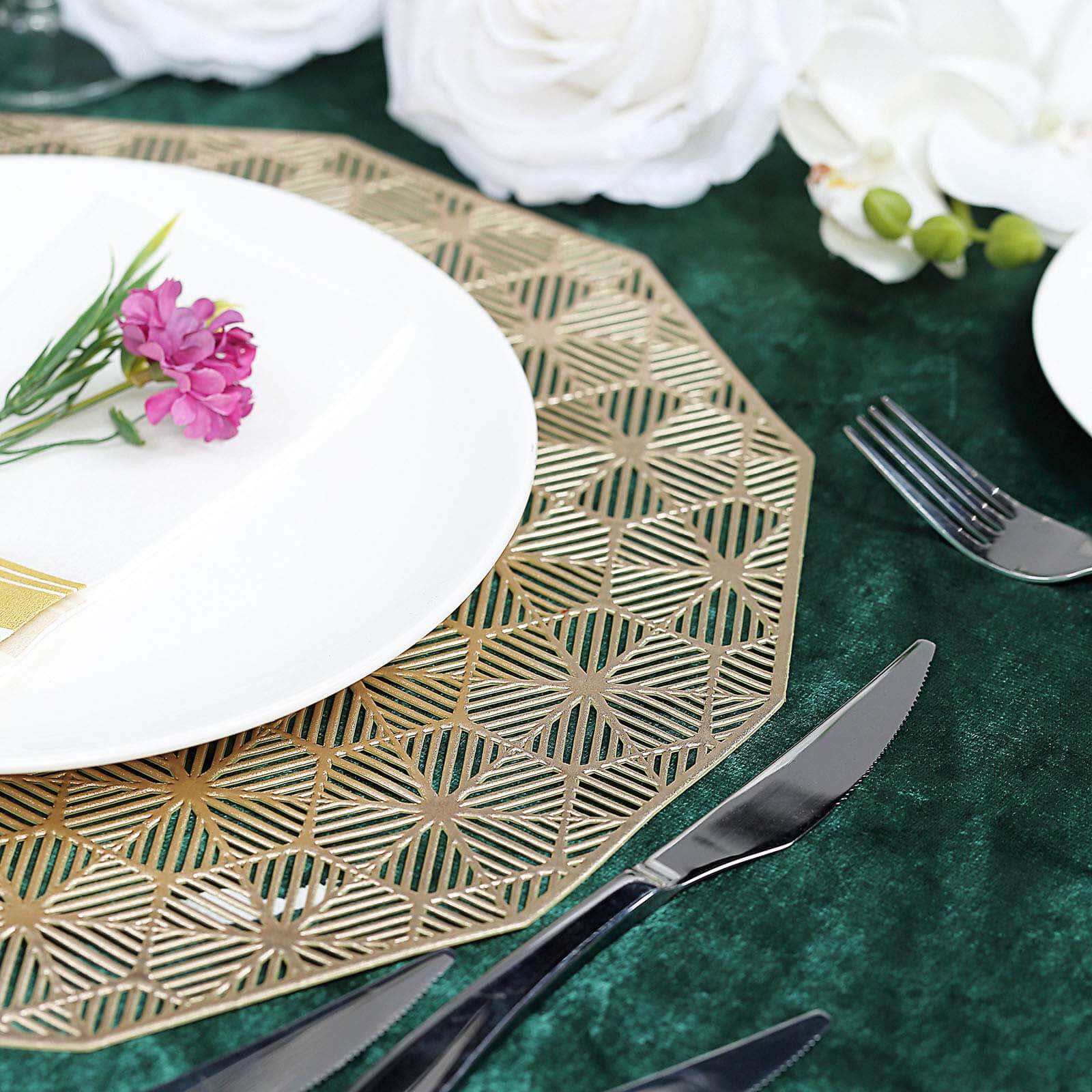 6-Pack Dining Table Mats Geometric Woven Design Gold - Vinyl Non-Slip Surface for Modern Table Settings 15"