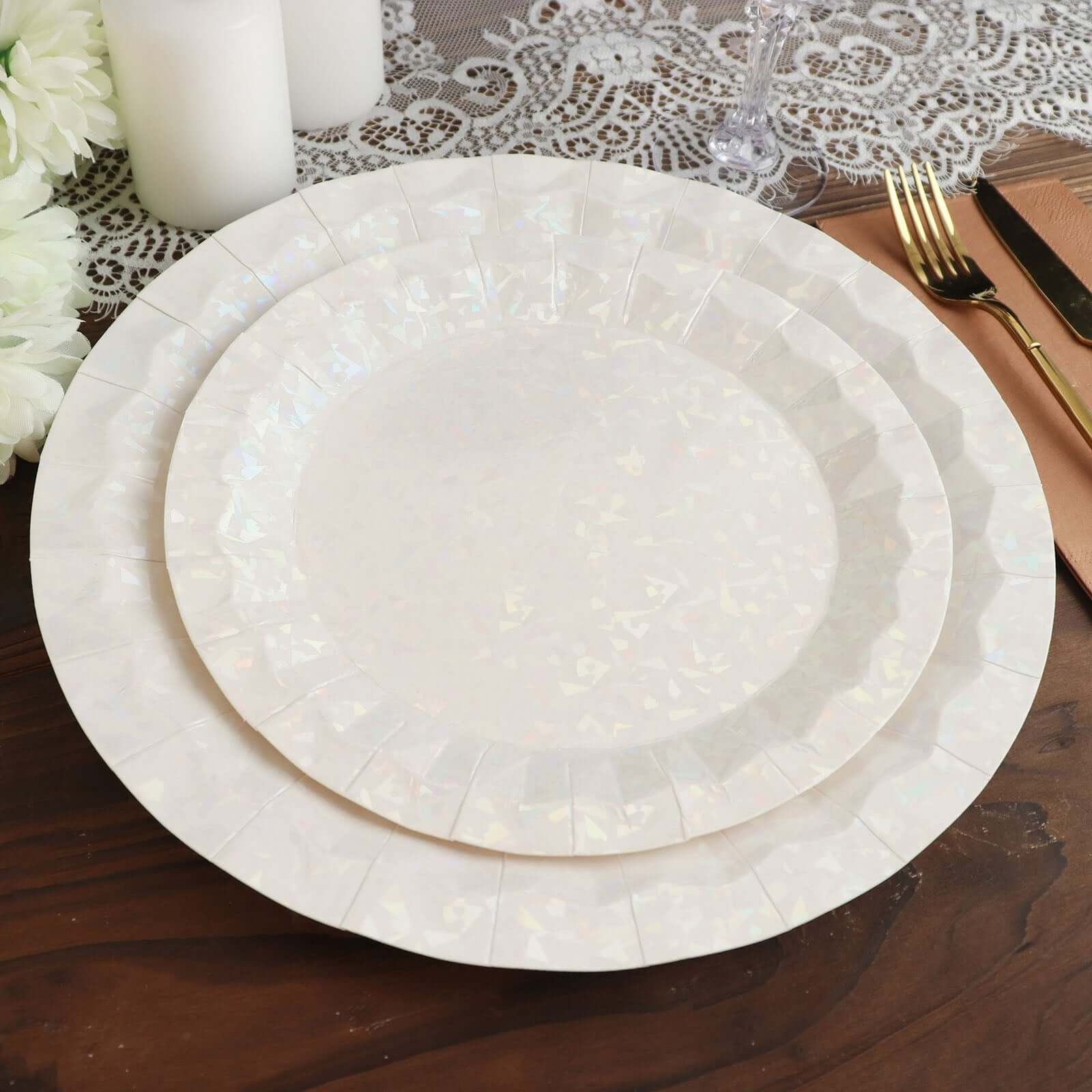 25-Pack Paper 12" Round Charger Plates in Iridescent with Geometric Prism Design - Disposable 400GSM Serving Trays