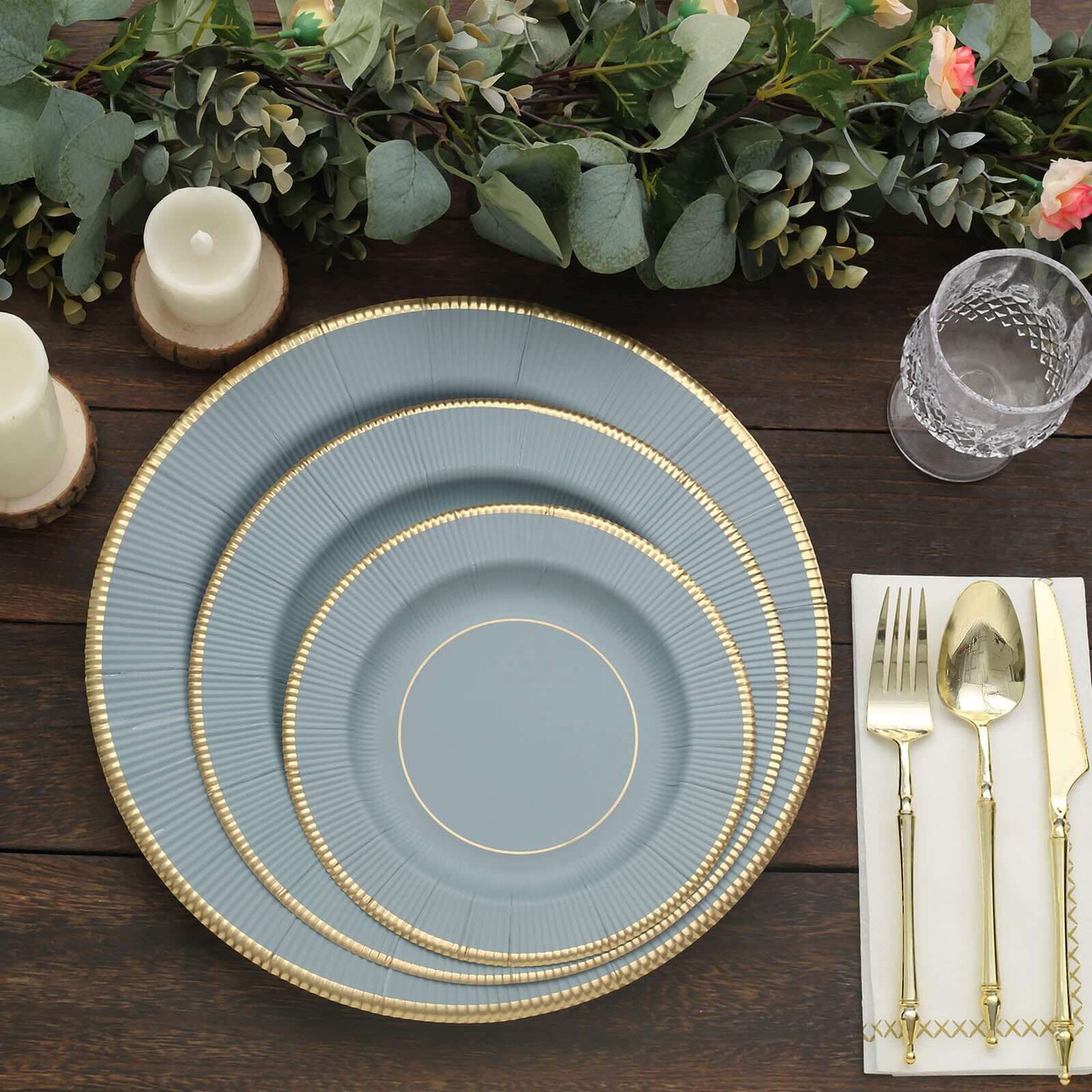 25-Pack Paper 10" Round Dinner Plates in Dusty Blue Sunray Design with Gold Rim - Disposable Heavy Duty 350GSM Party Plates